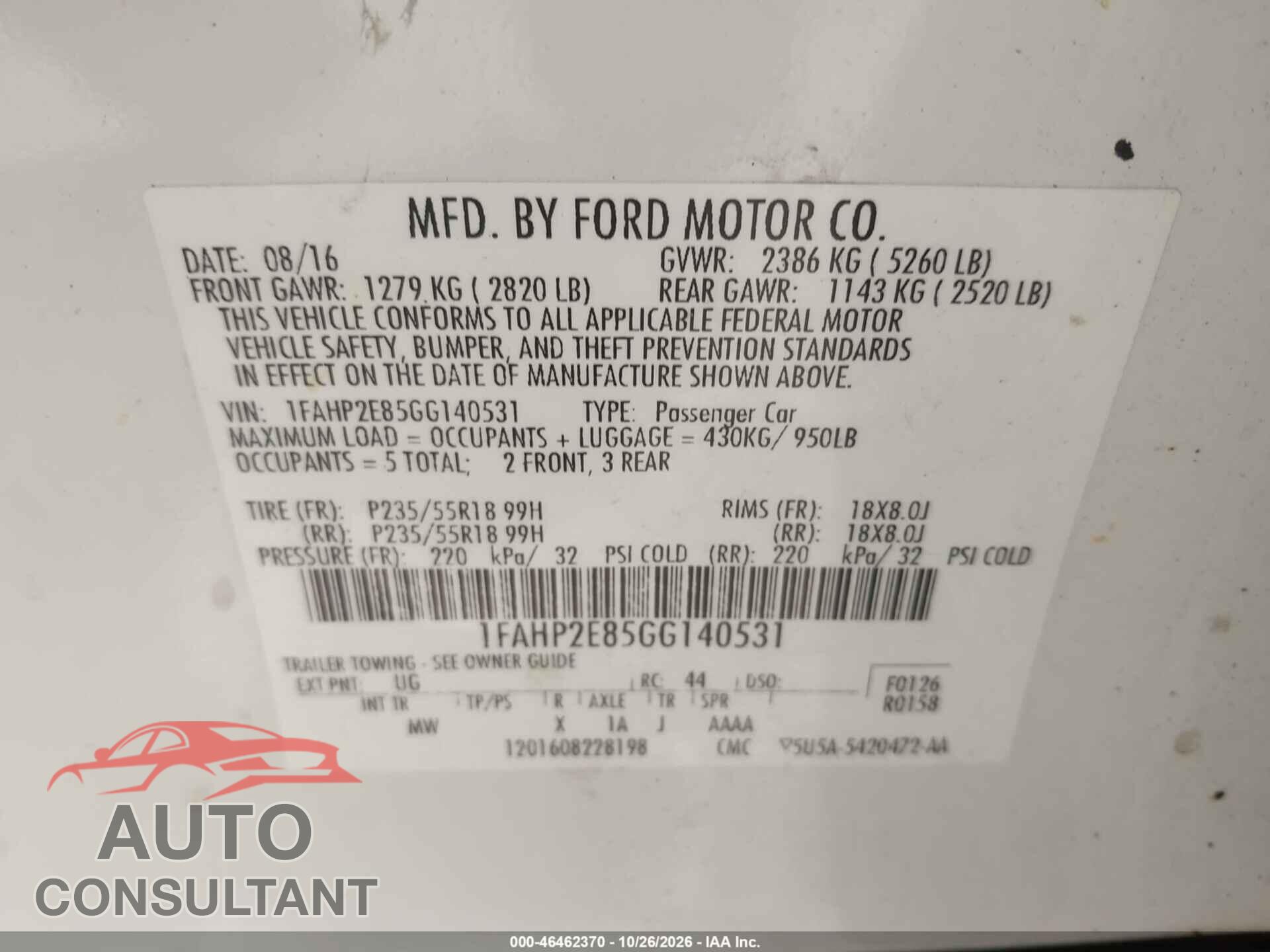 FORD TAURUS 2016 - 1FAHP2E85GG140531