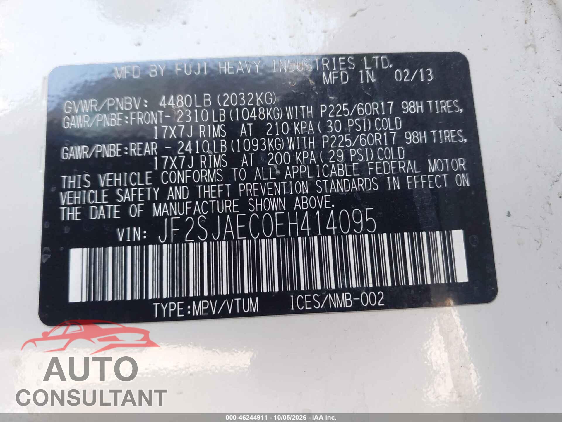 SUBARU FORESTER 2014 - JF2SJAEC0EH414095