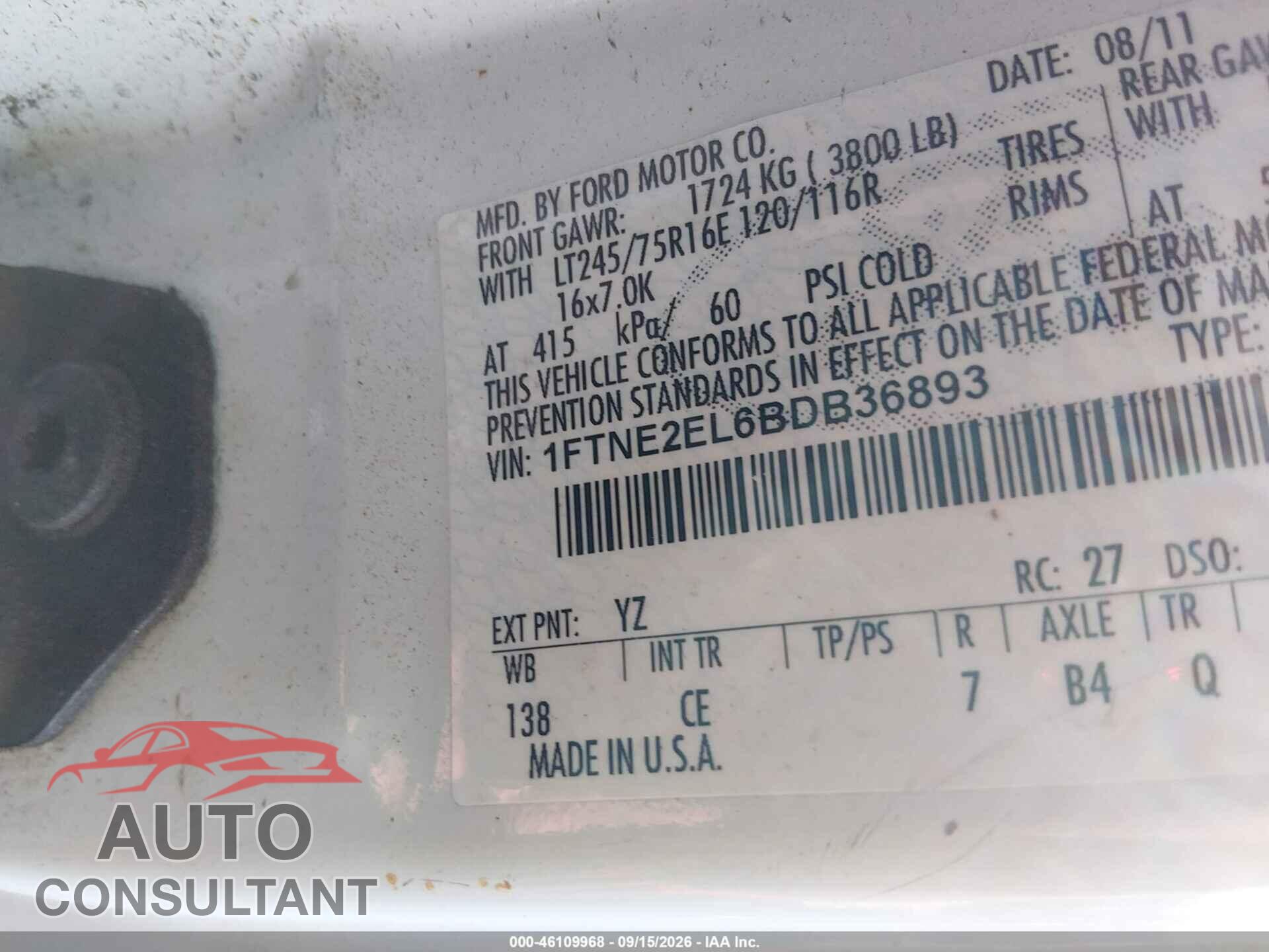 FORD E-250 2011 - 1FTNE2EL6BDB36893