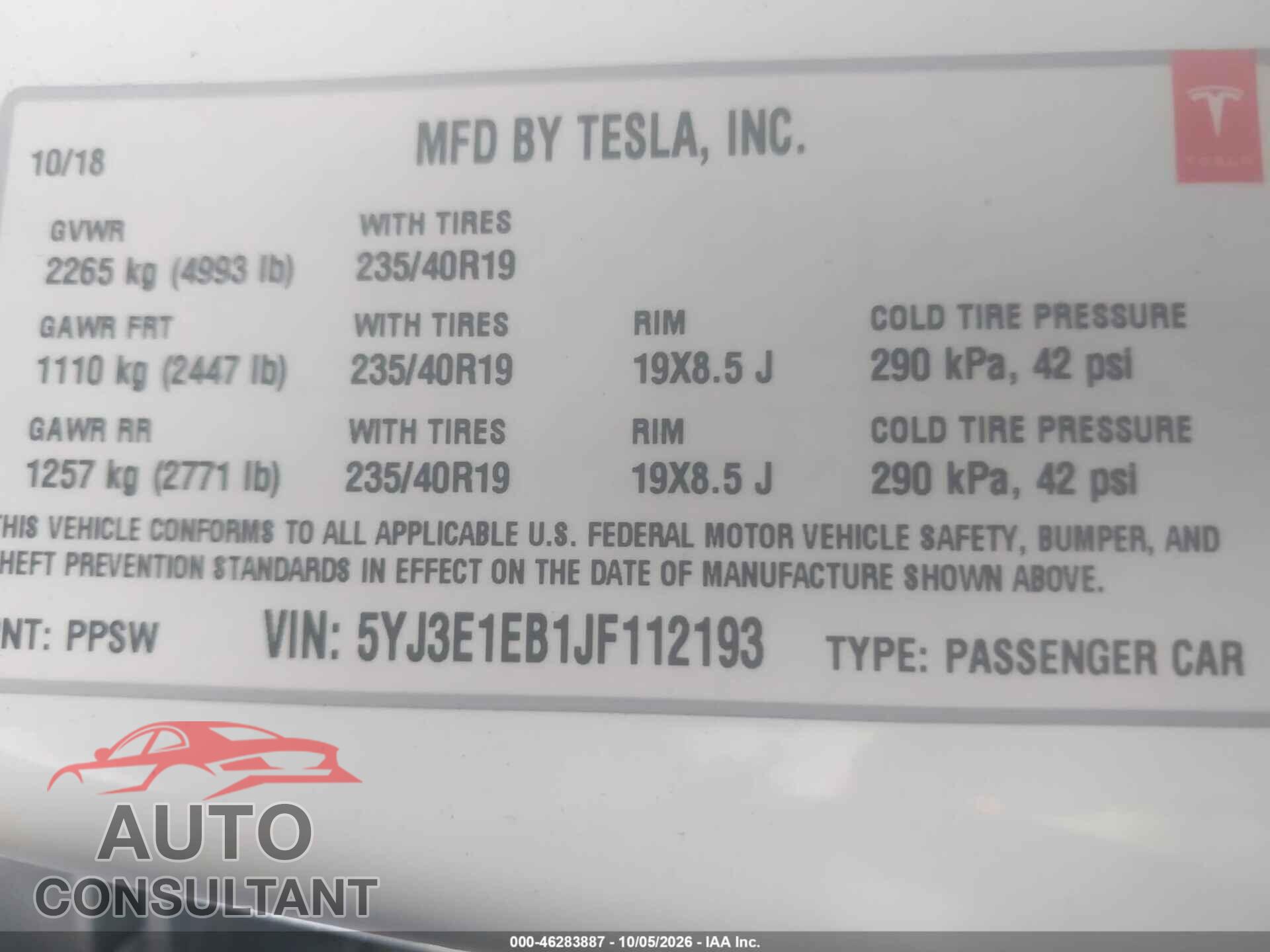 TESLA MODEL 3 2018 - 5YJ3E1EB1JF112193