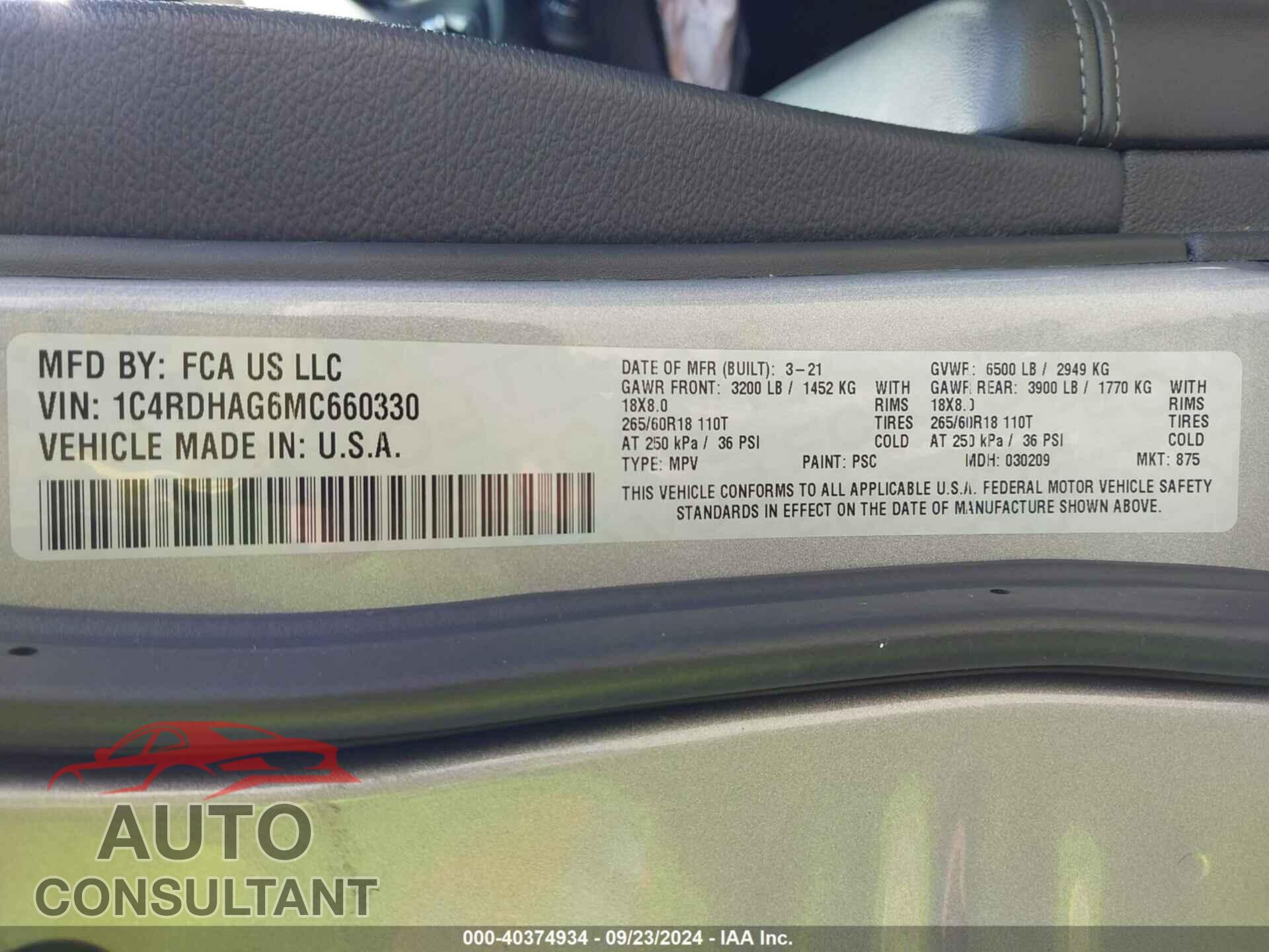 DODGE DURANGO 2021 - 1C4RDHAG6MC660330