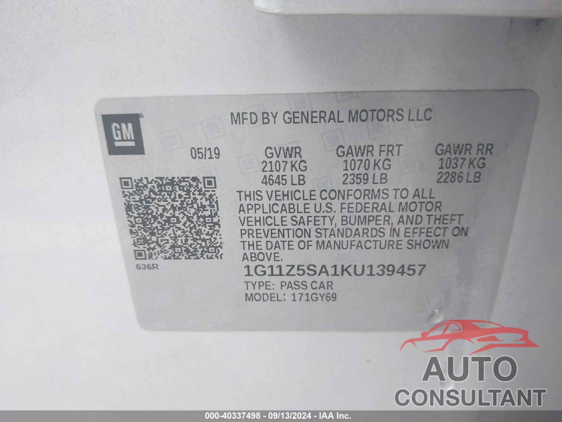 CHEVROLET IMPALA 2019 - 1G11Z5SA1KU139457
