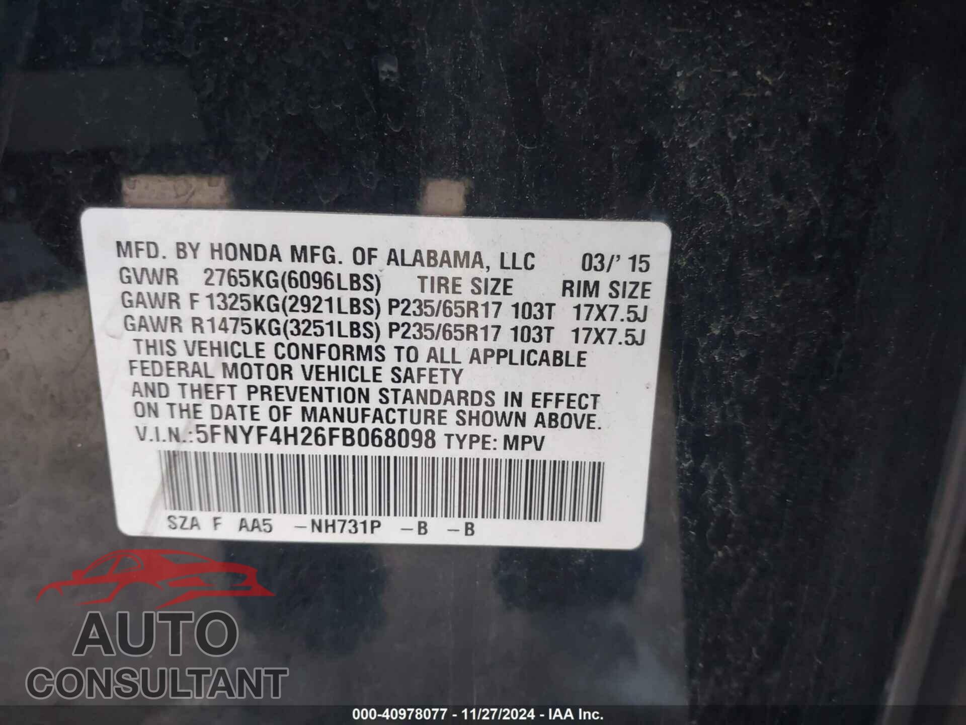 HONDA PILOT 2015 - 5FNYF4H26FB068098
