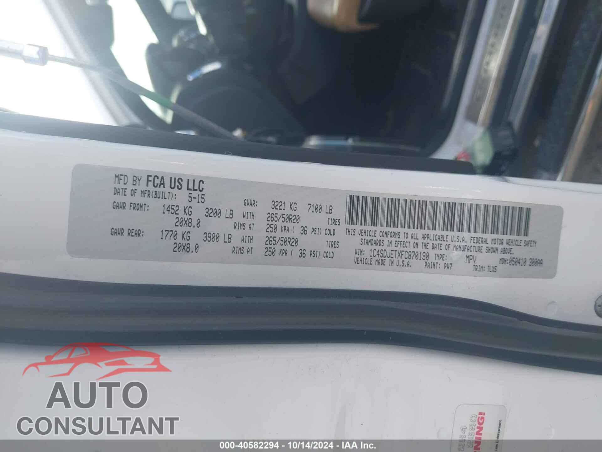 DODGE DURANGO 2015 - 1C4SDJETXFC870190