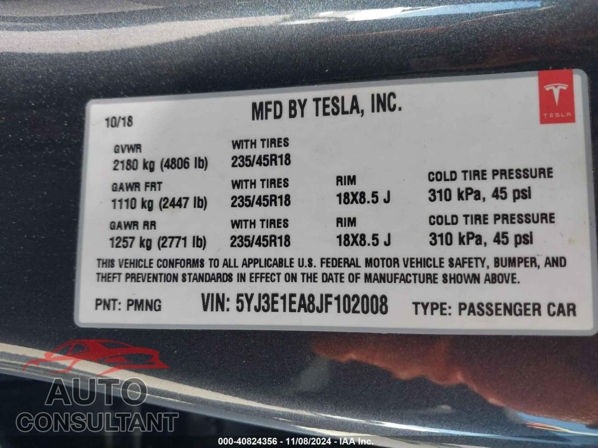 TESLA MODEL 3 2018 - 5YJ3E1EA8JF102008
