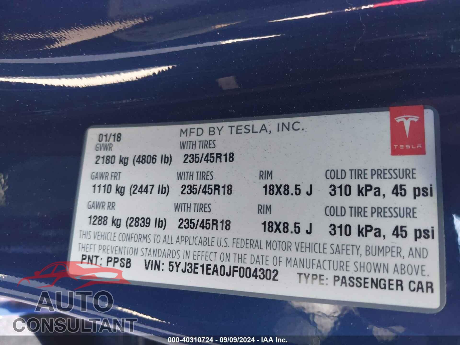 TESLA MODEL 3 2018 - 5YJ3E1EA0JF004302