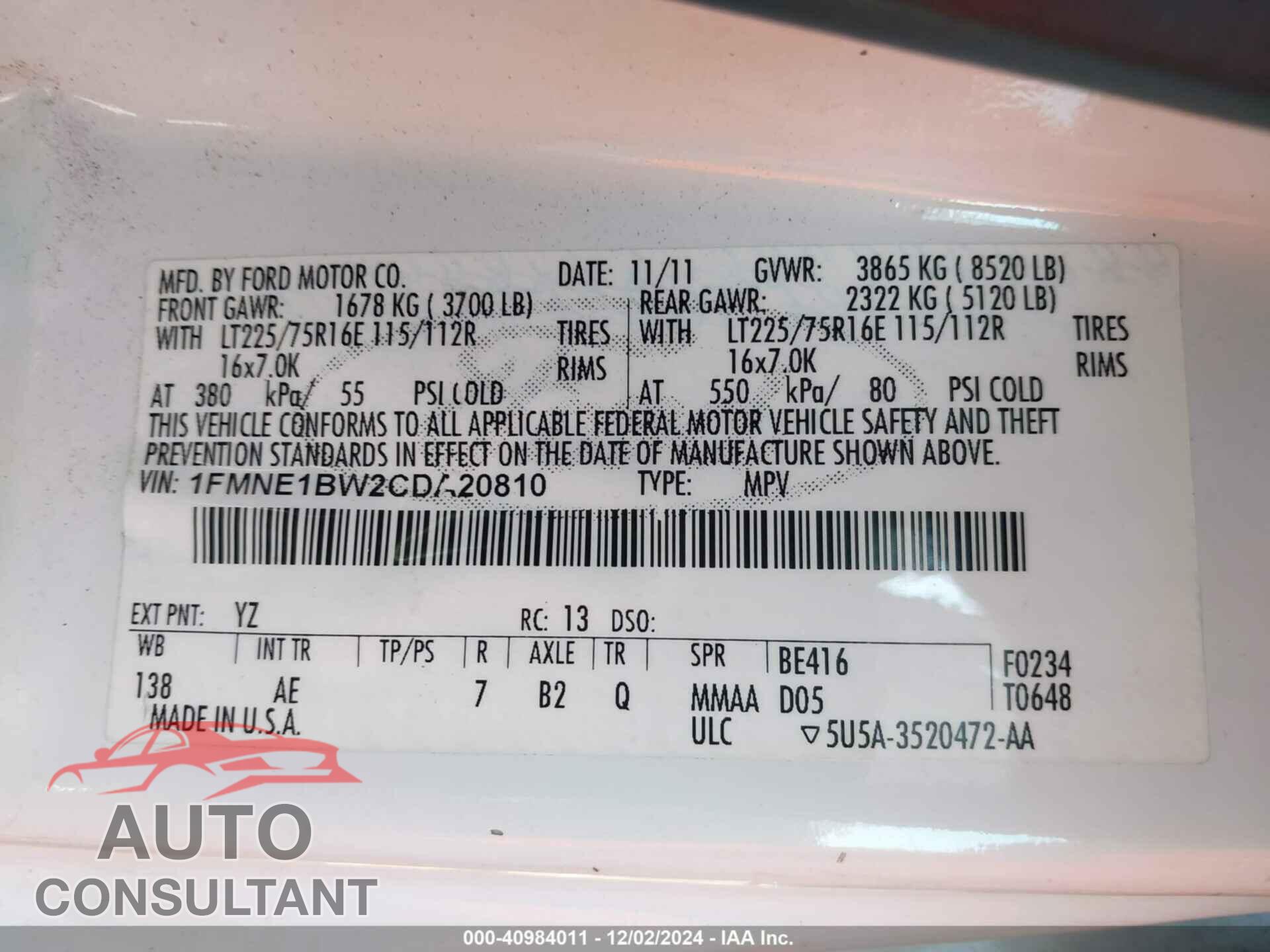 FORD E-150 2012 - 1FMNE1BW2CDA20810