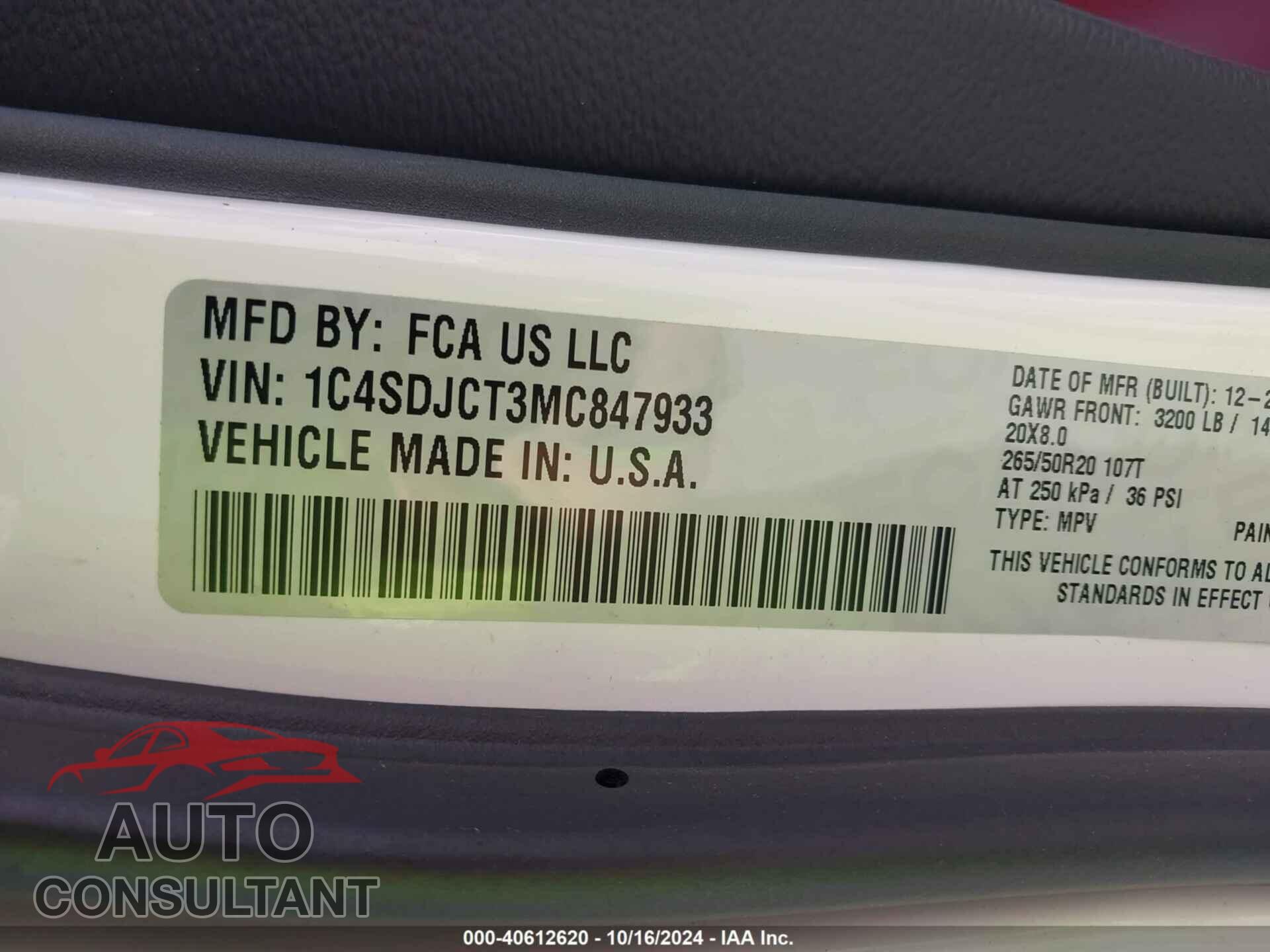 DODGE DURANGO 2021 - 1C4SDJCT3MC847933