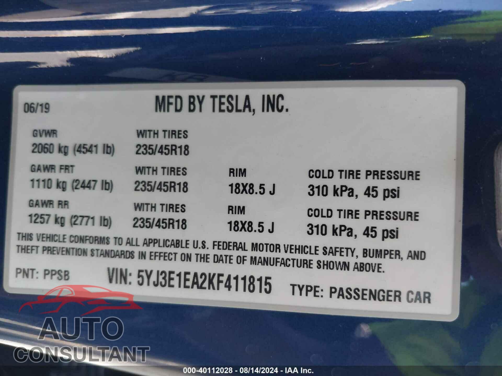 TESLA MODEL 3 2019 - 5YJ3E1EA2KF411815