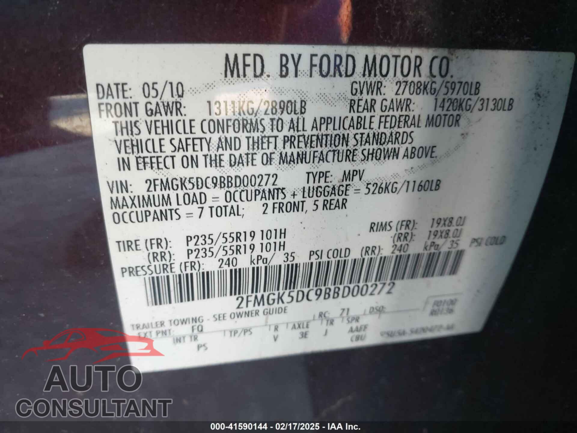 FORD FLEX 2011 - 2FMGK5DC9BBD00272
