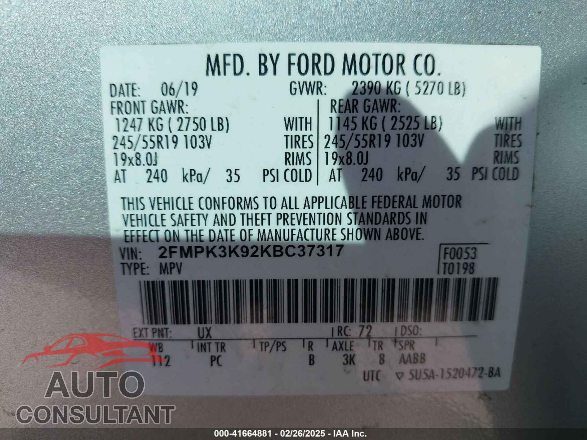 FORD EDGE 2019 - 2FMPK3K92KBC37317