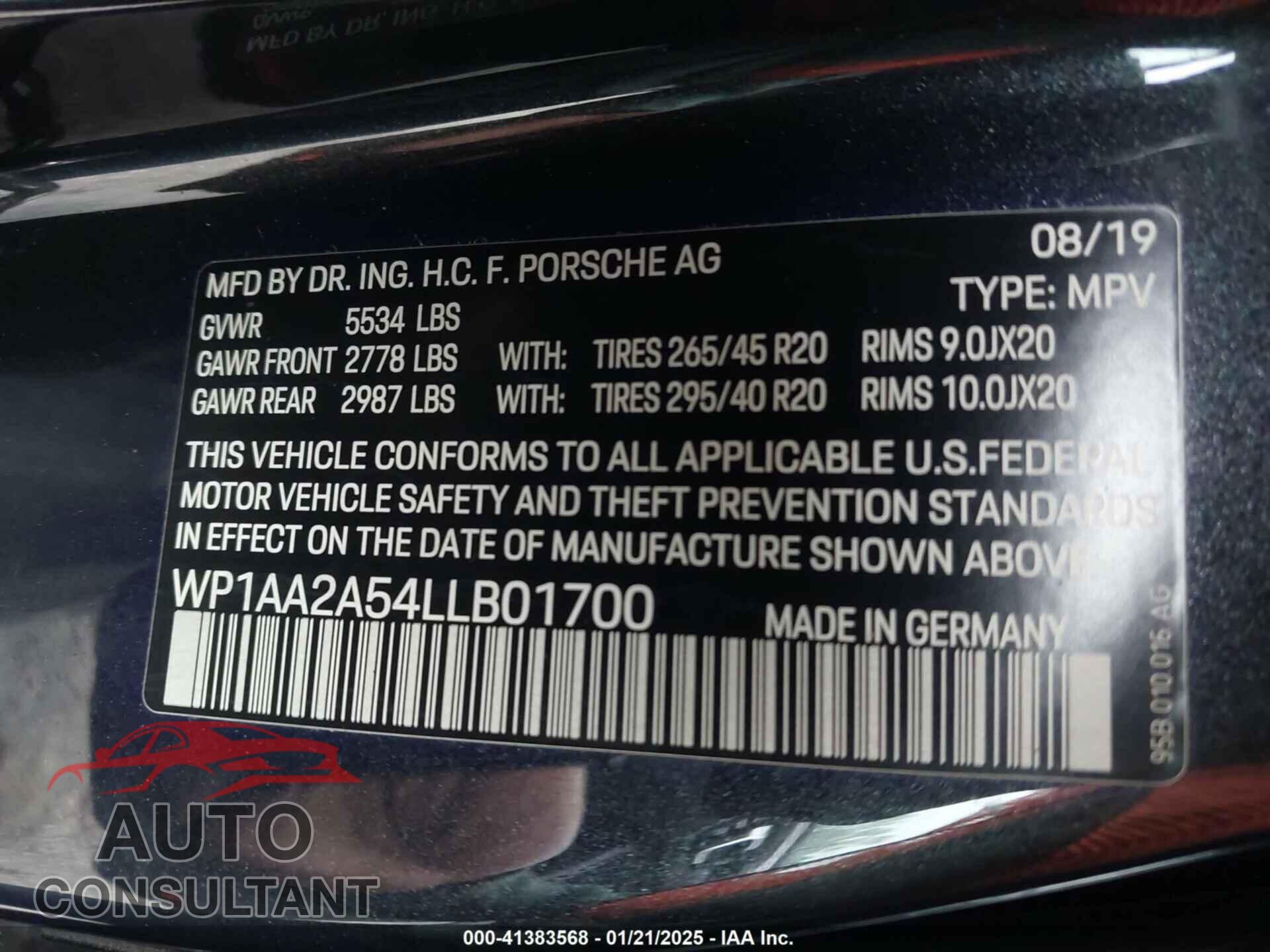 PORSCHE MACAN 2020 - WP1AA2A54LLB01700