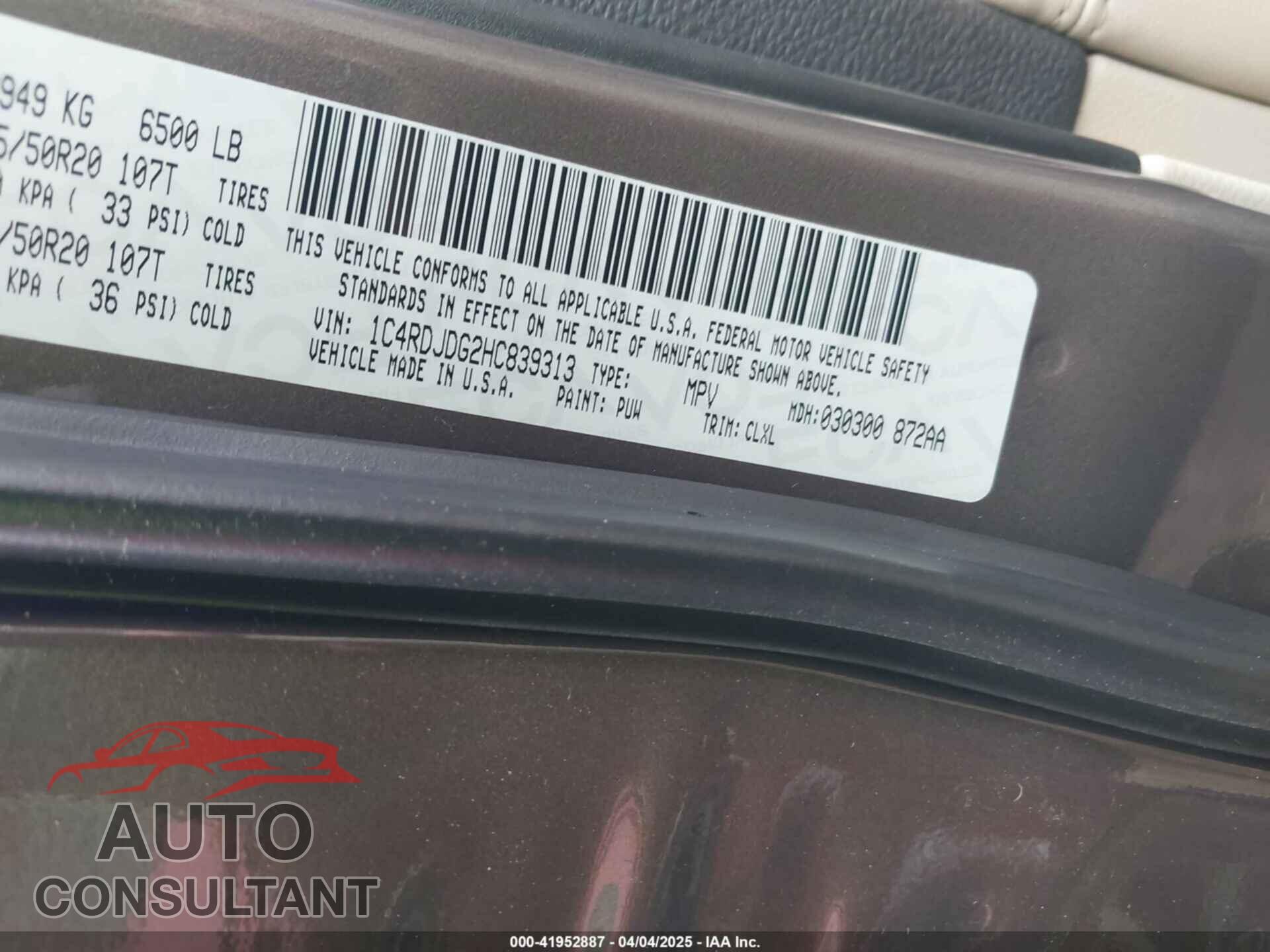 DODGE DURANGO 2017 - 1C4RDJDG2HC839313