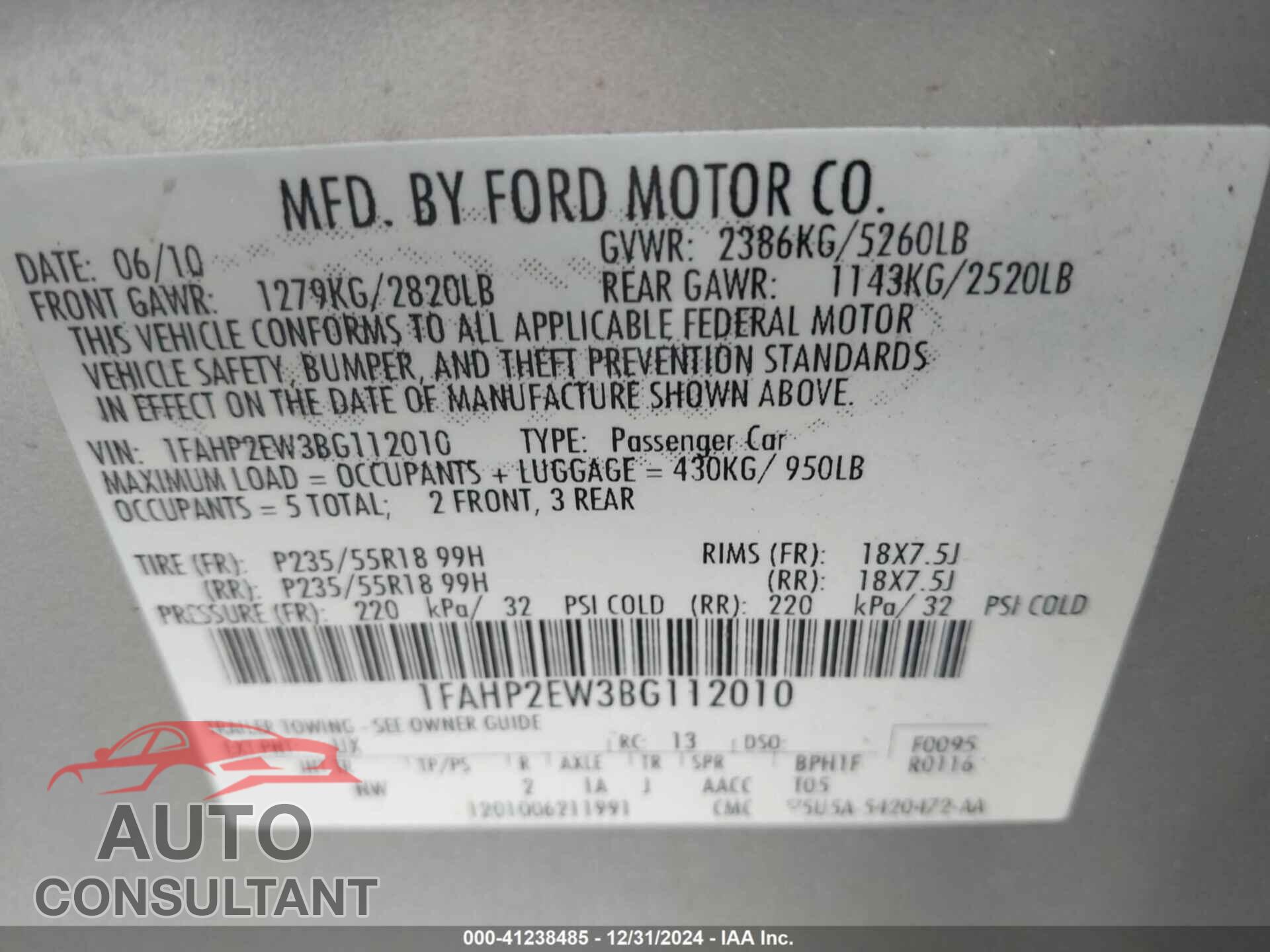 FORD TAURUS 2011 - 1FAHP2EW3BG112010