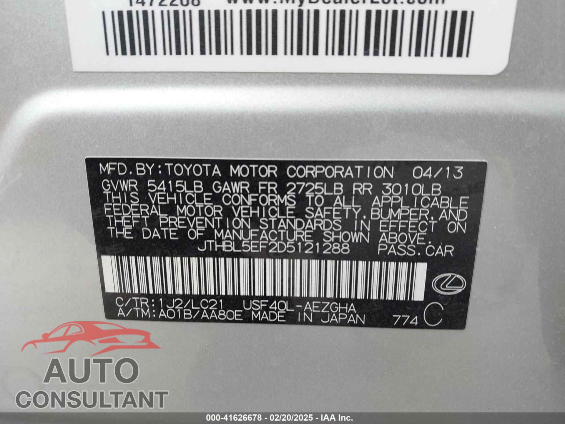 LEXUS LS 460 2013 - JTHBL5EF2D5121288