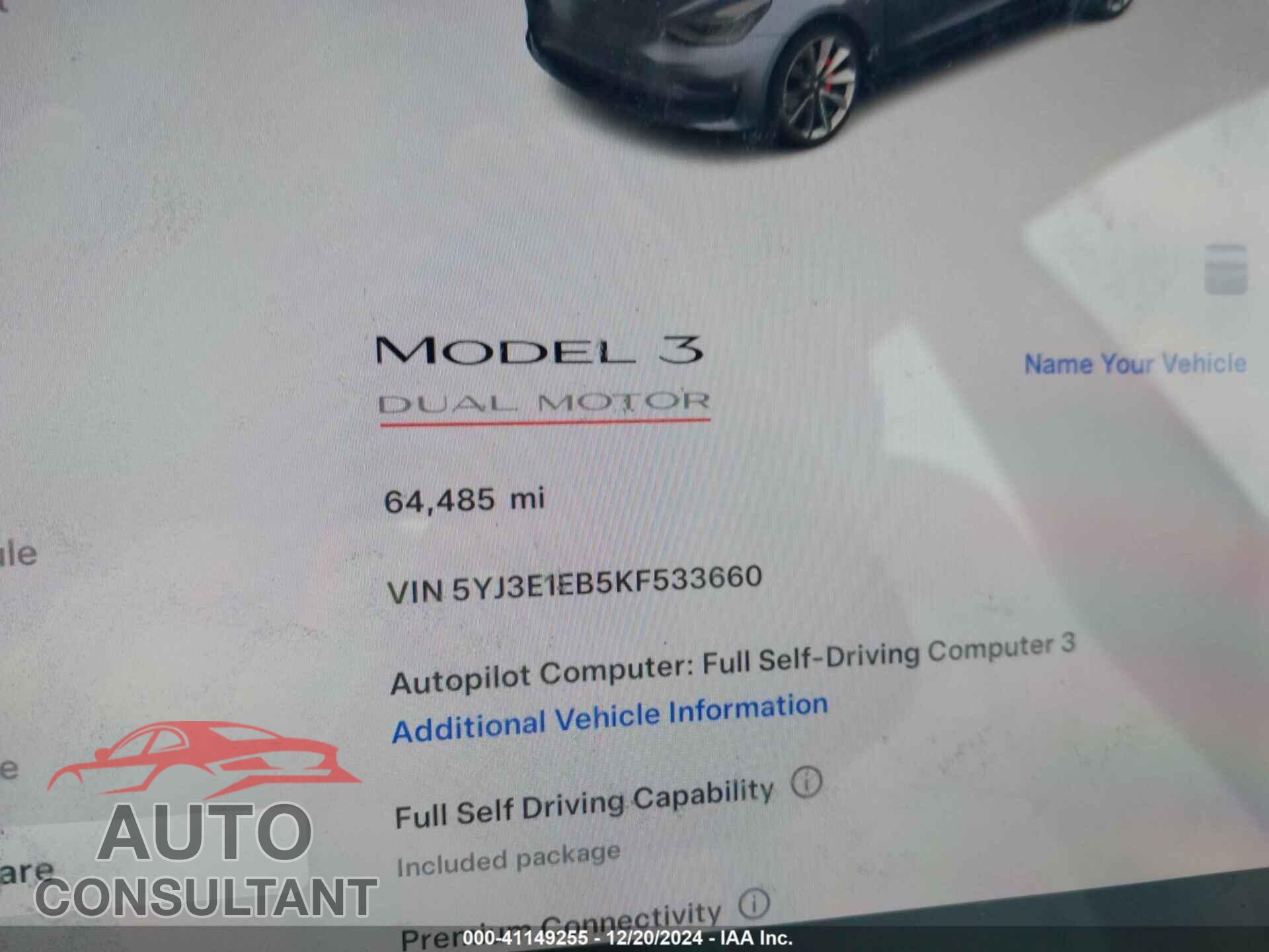 TESLA MODEL 3 2019 - 5YJ3E1EB5KF533660