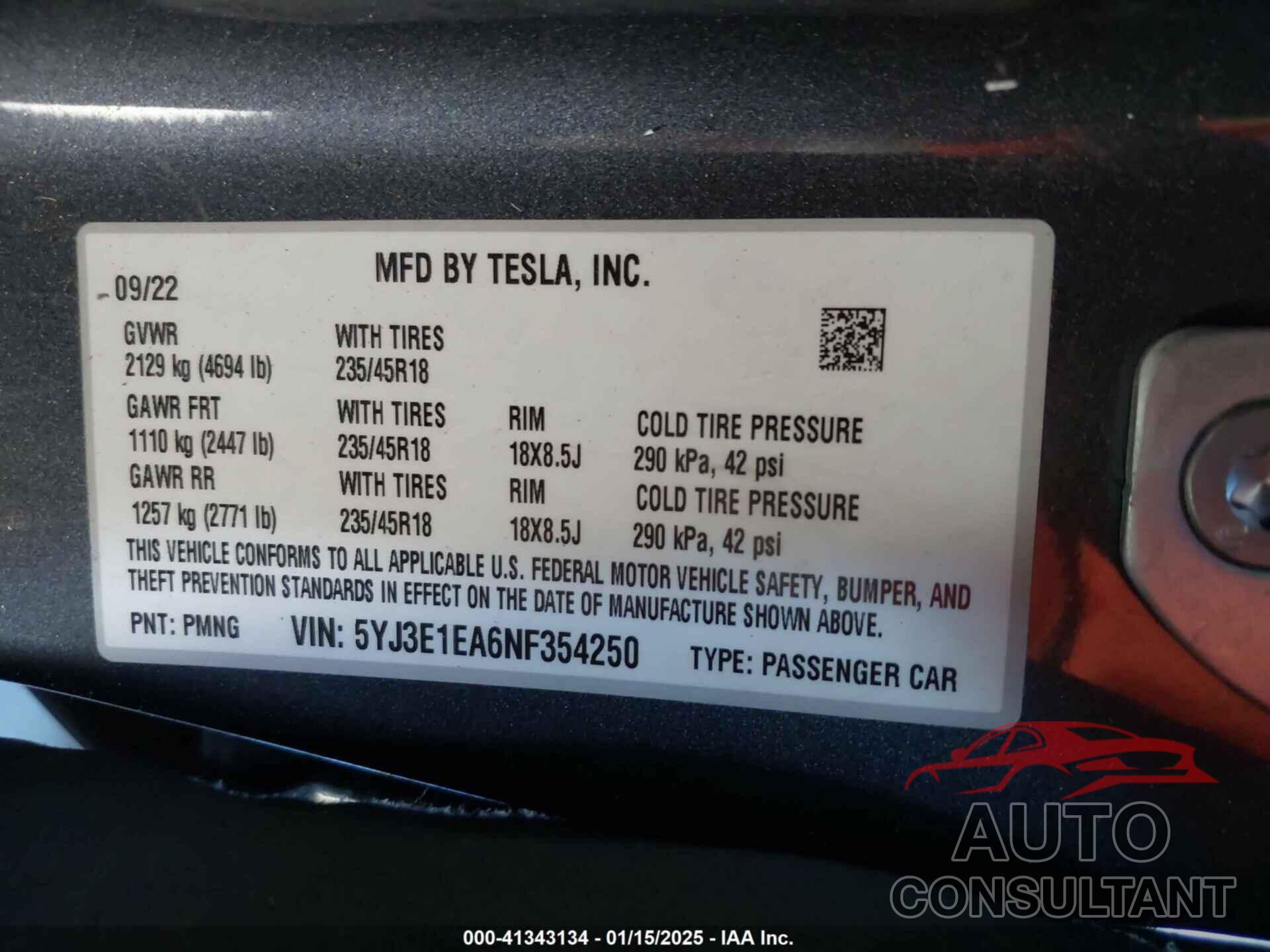 TESLA MODEL 3 2022 - 5YJ3E1EA6NF354250