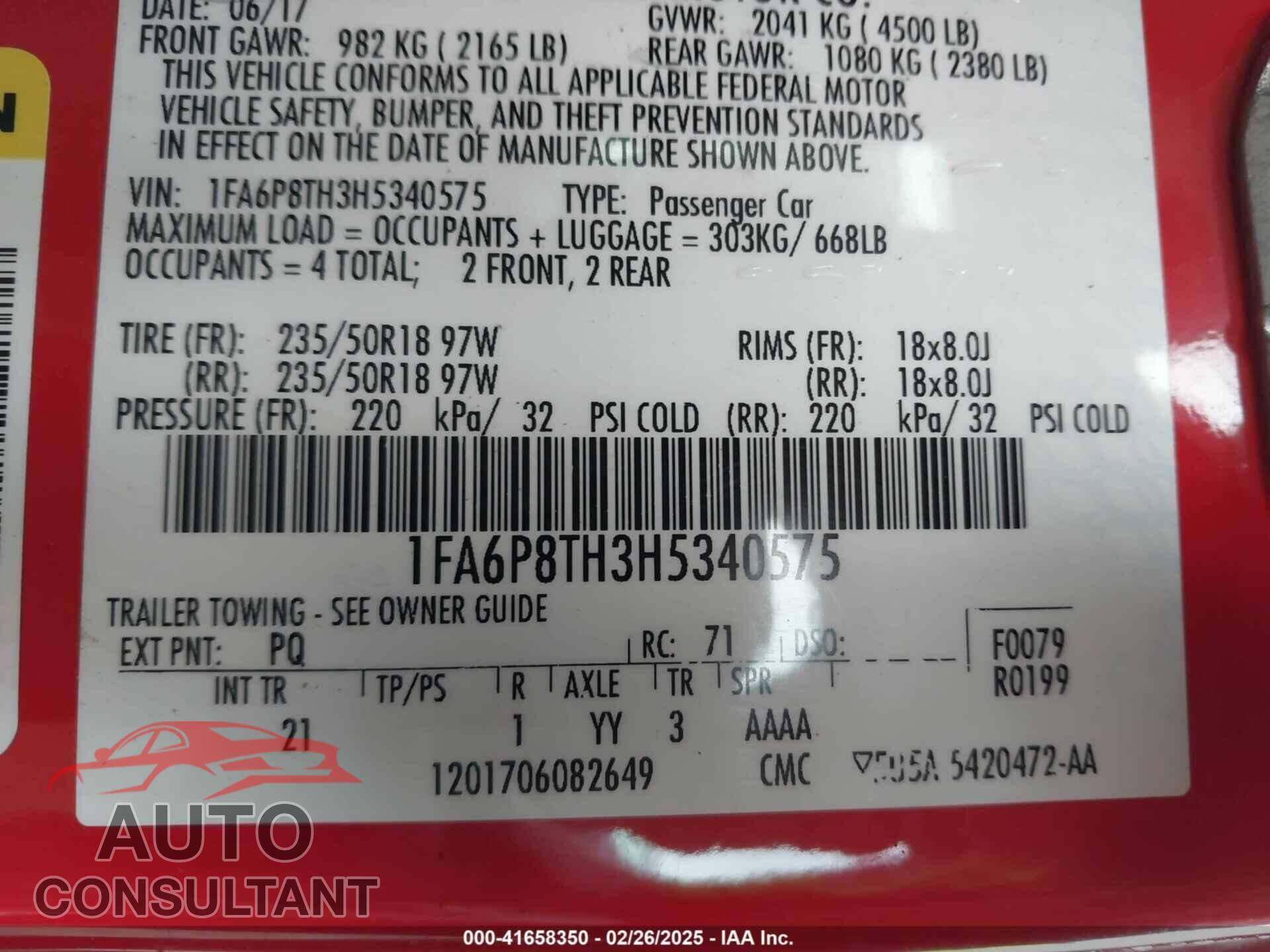 FORD MUSTANG 2017 - 1FA6P8TH3H5340575