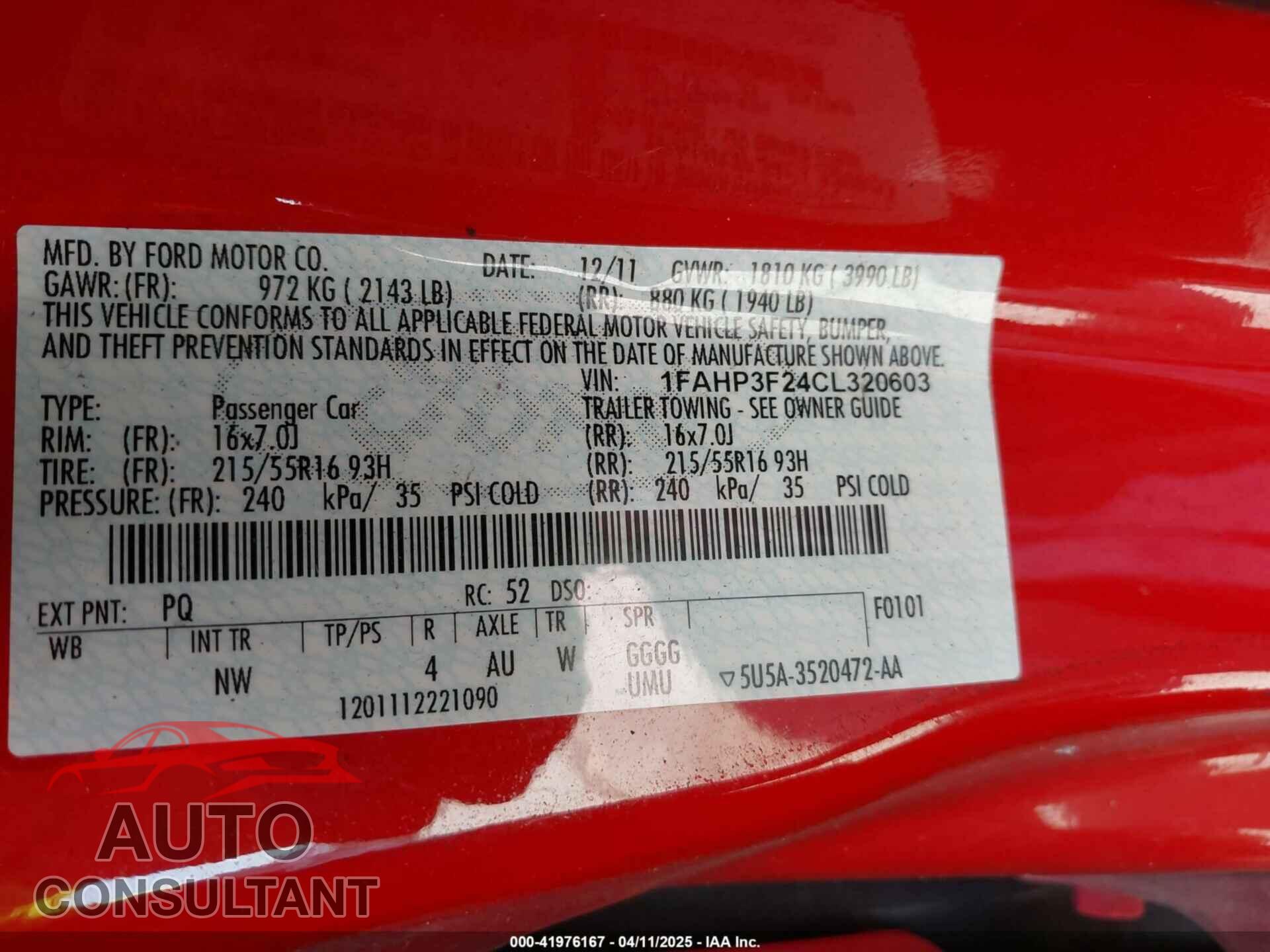 FORD FOCUS 2012 - 1FAHP3F24CL320603