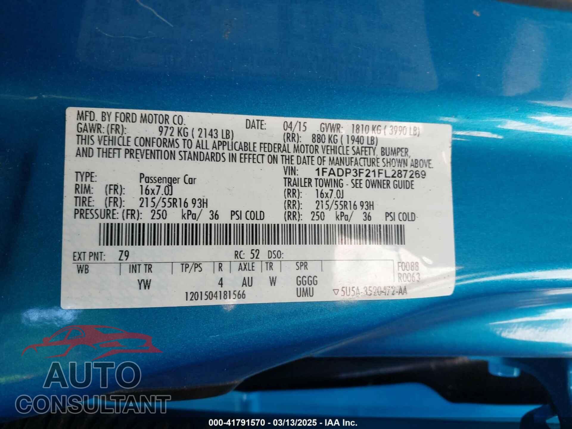 FORD FOCUS 2015 - 1FADP3F21FL287269