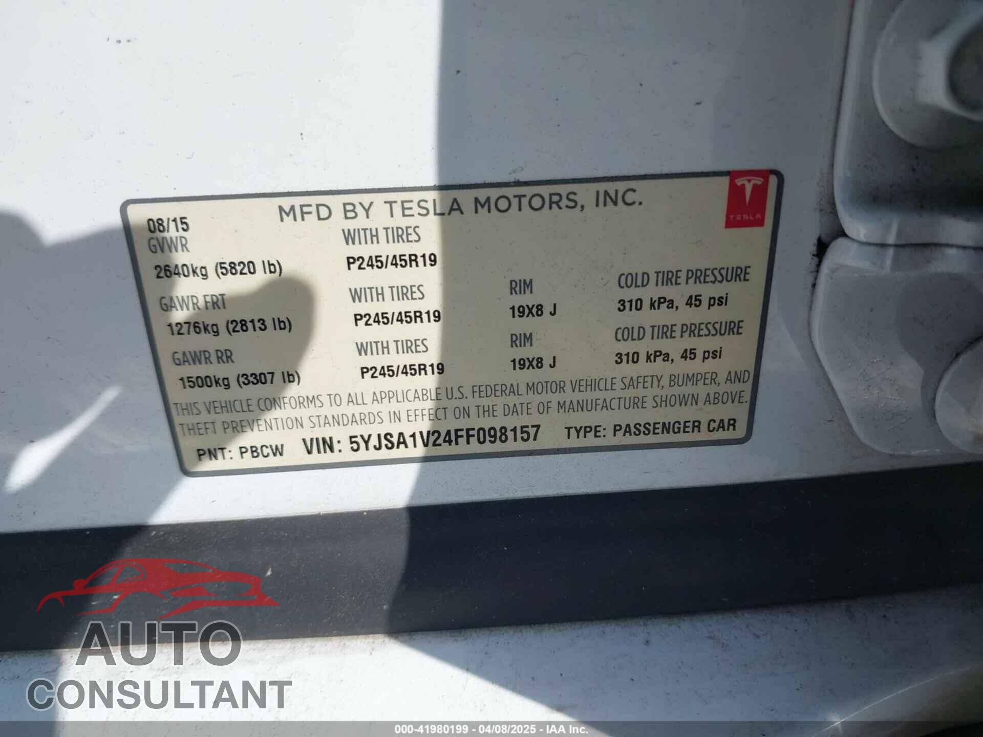 TESLA MODEL S 2015 - 5YJSA1V24FF098157