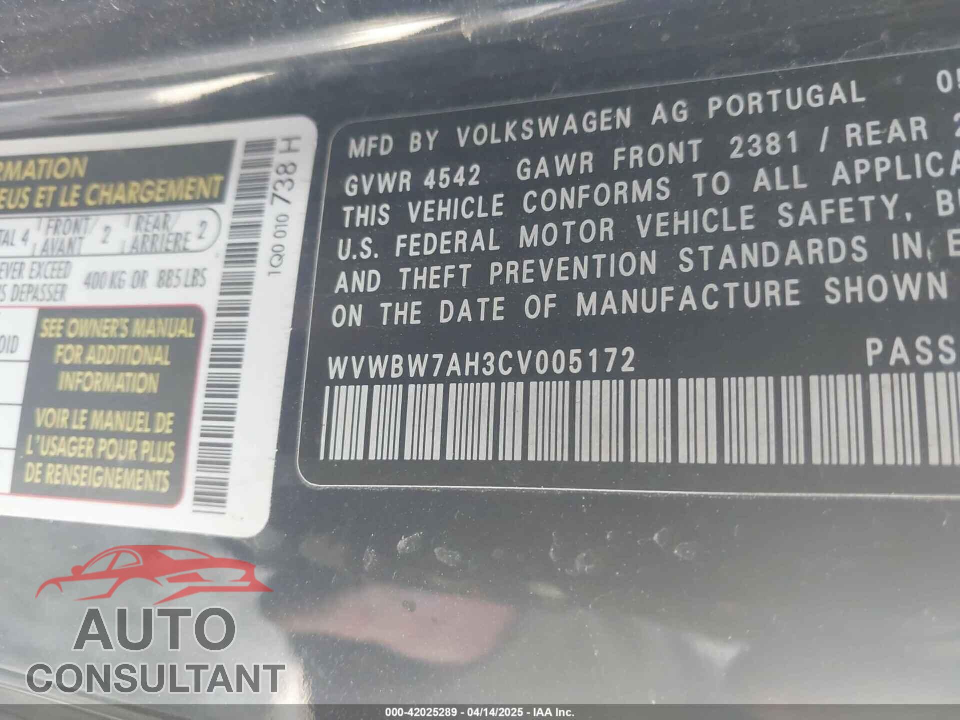 VOLKSWAGEN EOS 2012 - WVWBW7AH3CV005172
