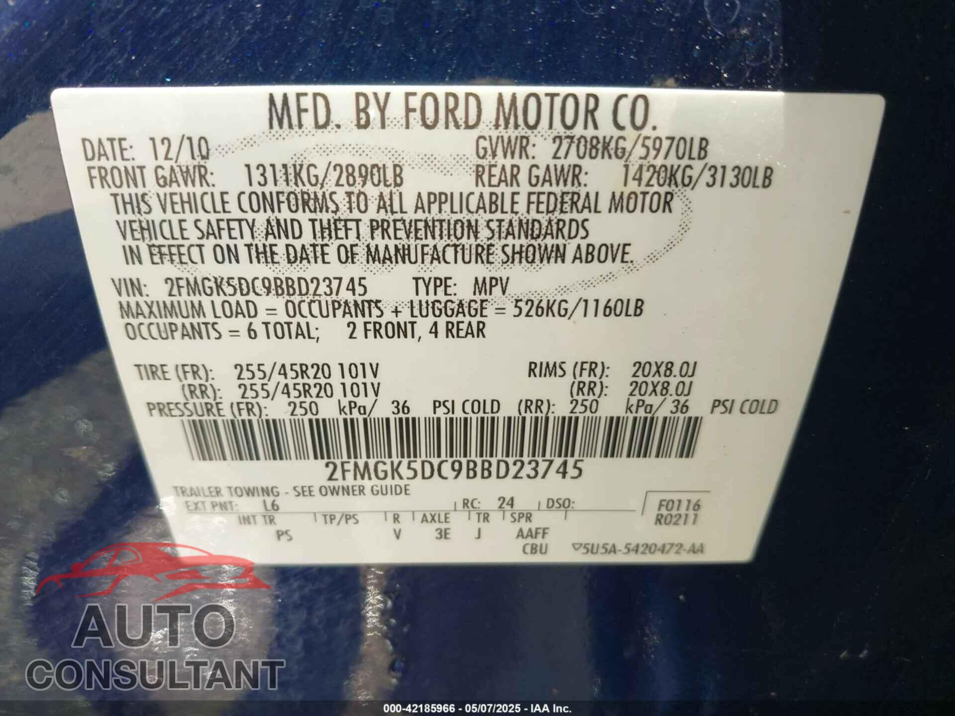 FORD FLEX 2011 - 2FMGK5DC9BBD23745
