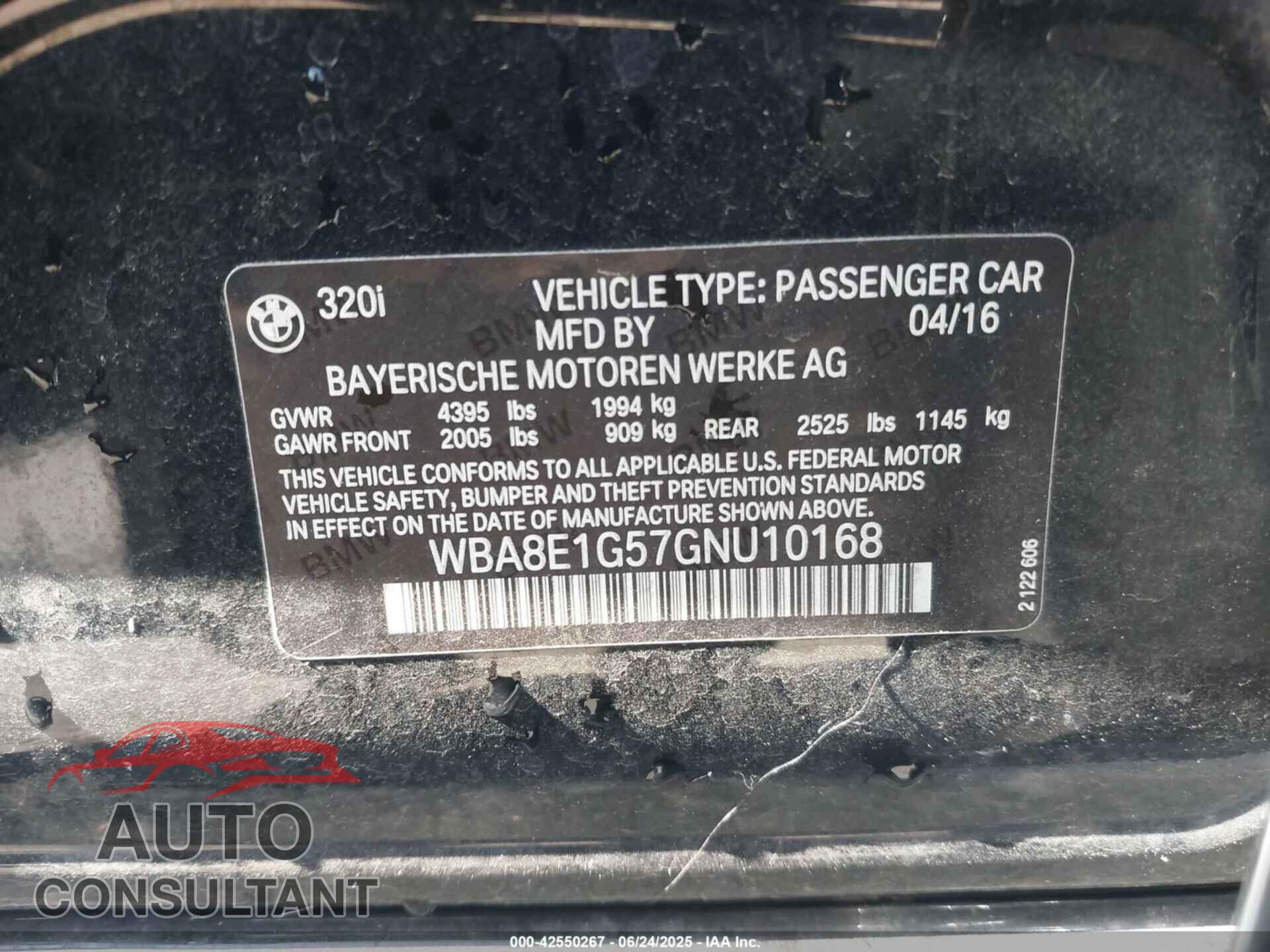 BMW 320I 2016 - WBA8E1G57GNU10168