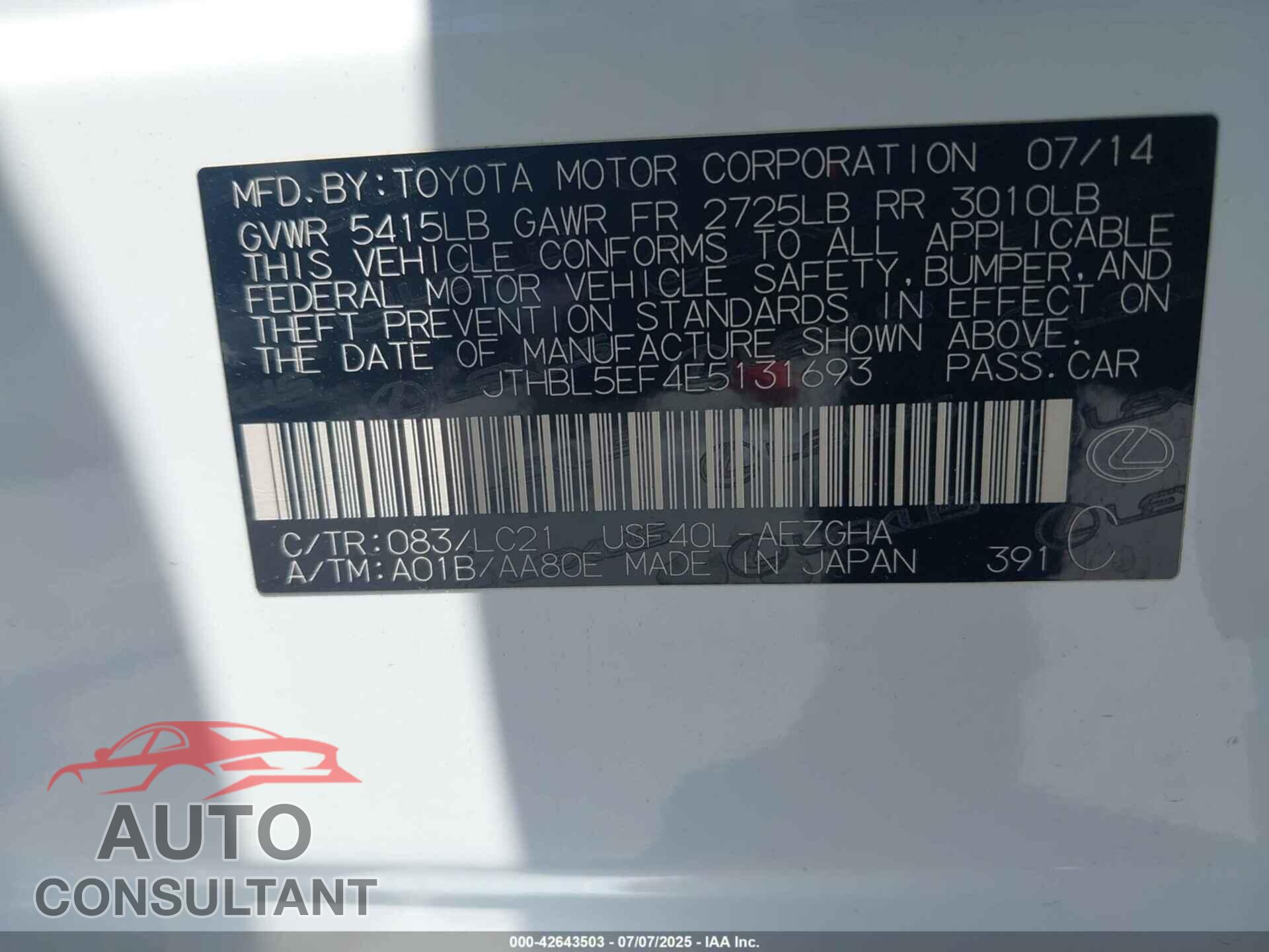 LEXUS LS 460 2014 - JTHBL5EF4E5131693