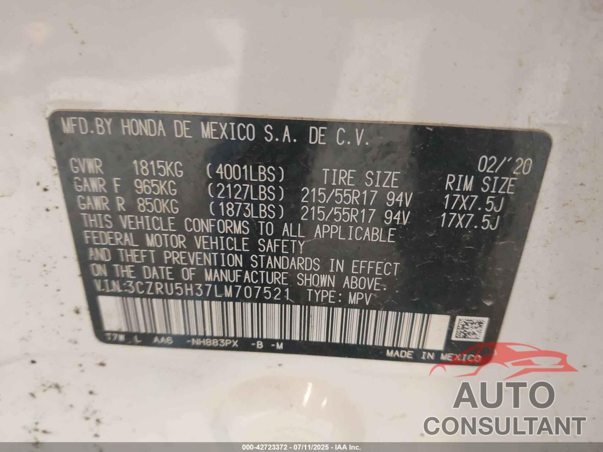 HONDA HR-V 2020 - 3CZRU5H37LM707521