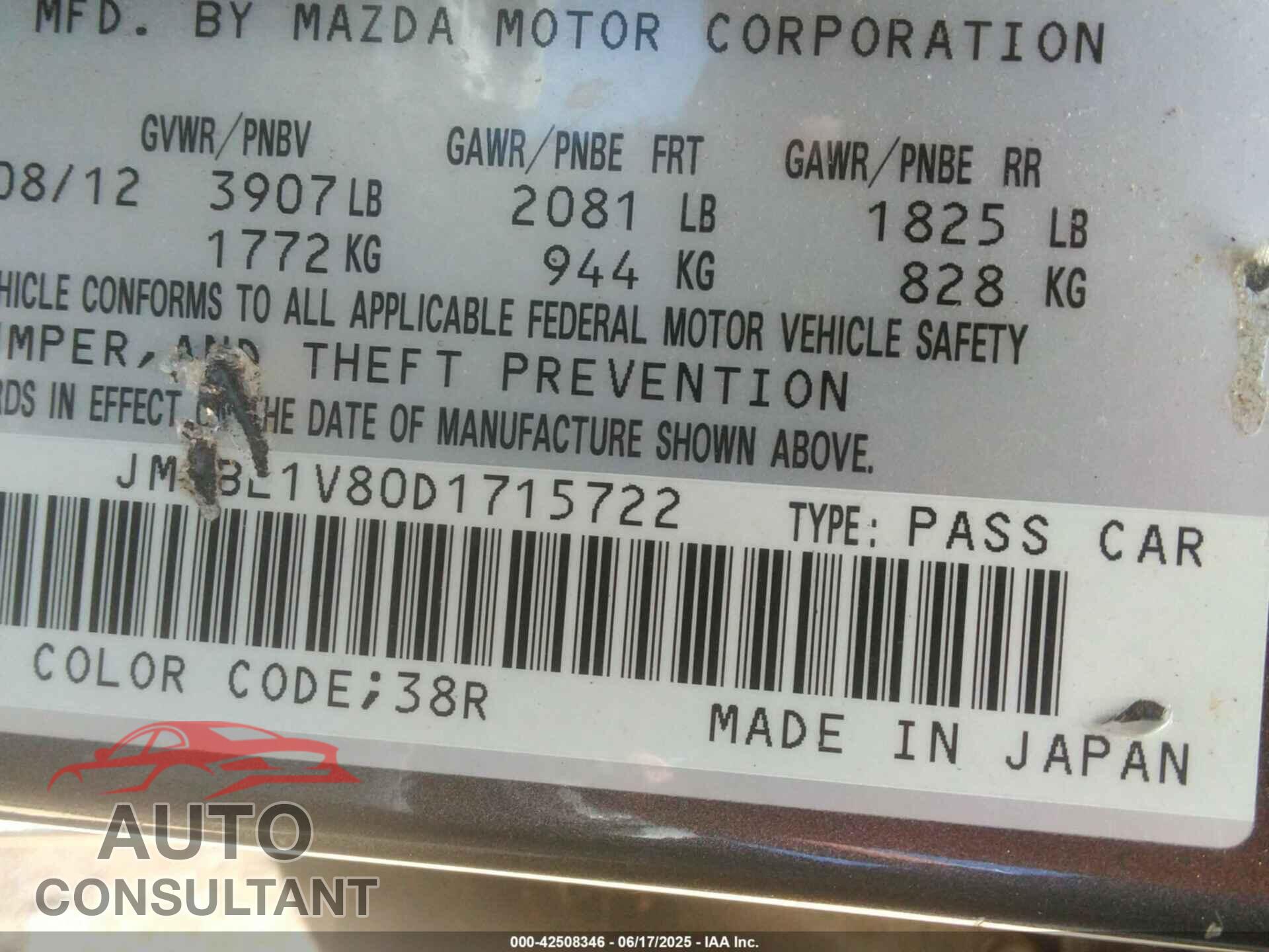 MAZDA MAZDA3 2013 - JM1BL1V80D1715722