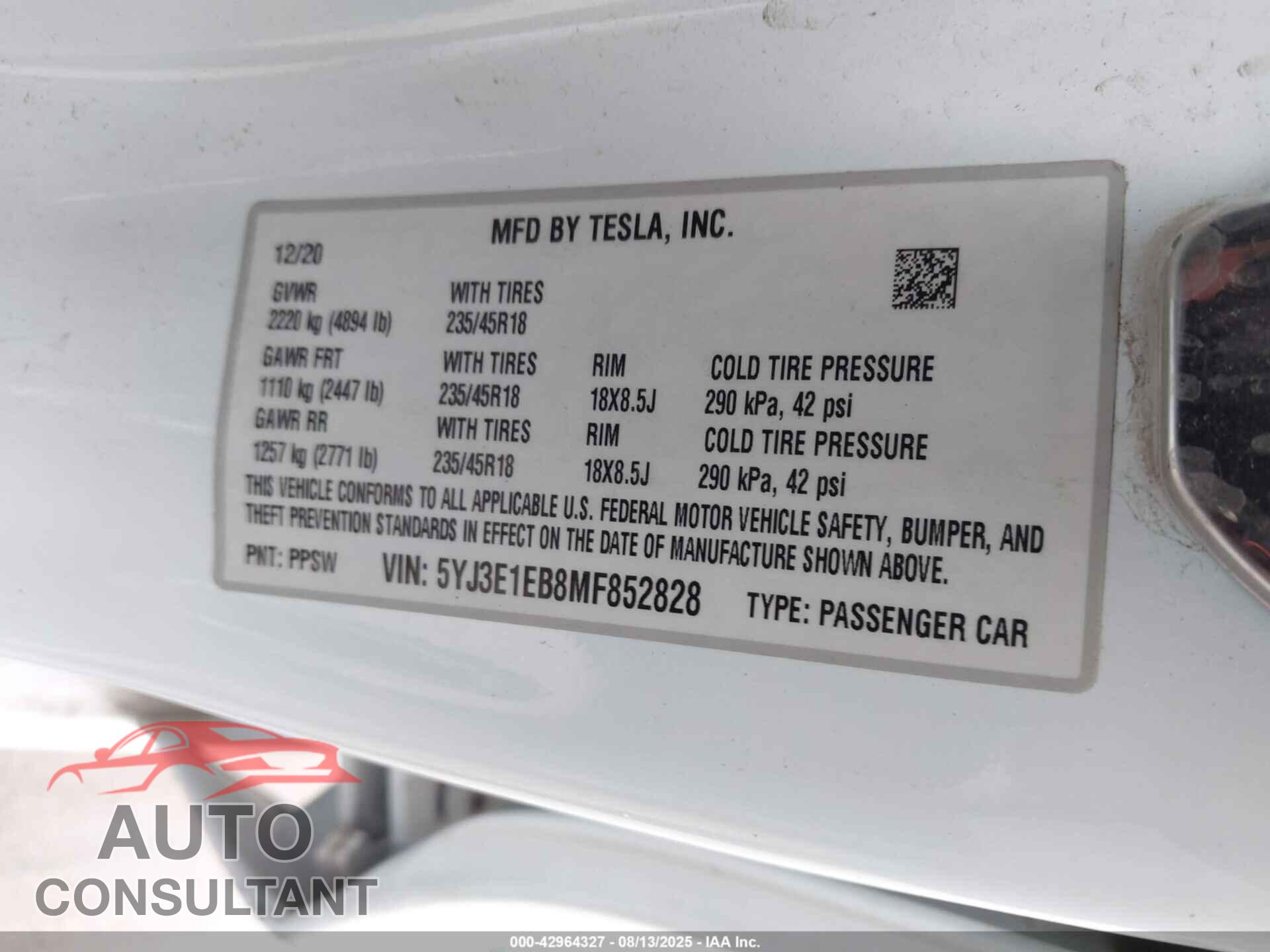 TESLA MODEL 3 2021 - 5YJ3E1EB8MF852828