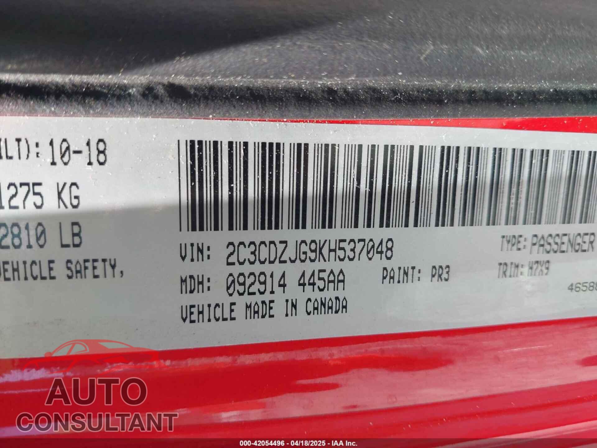 DODGE CHALLENGER 2019 - 2C3CDZJG9KH537048