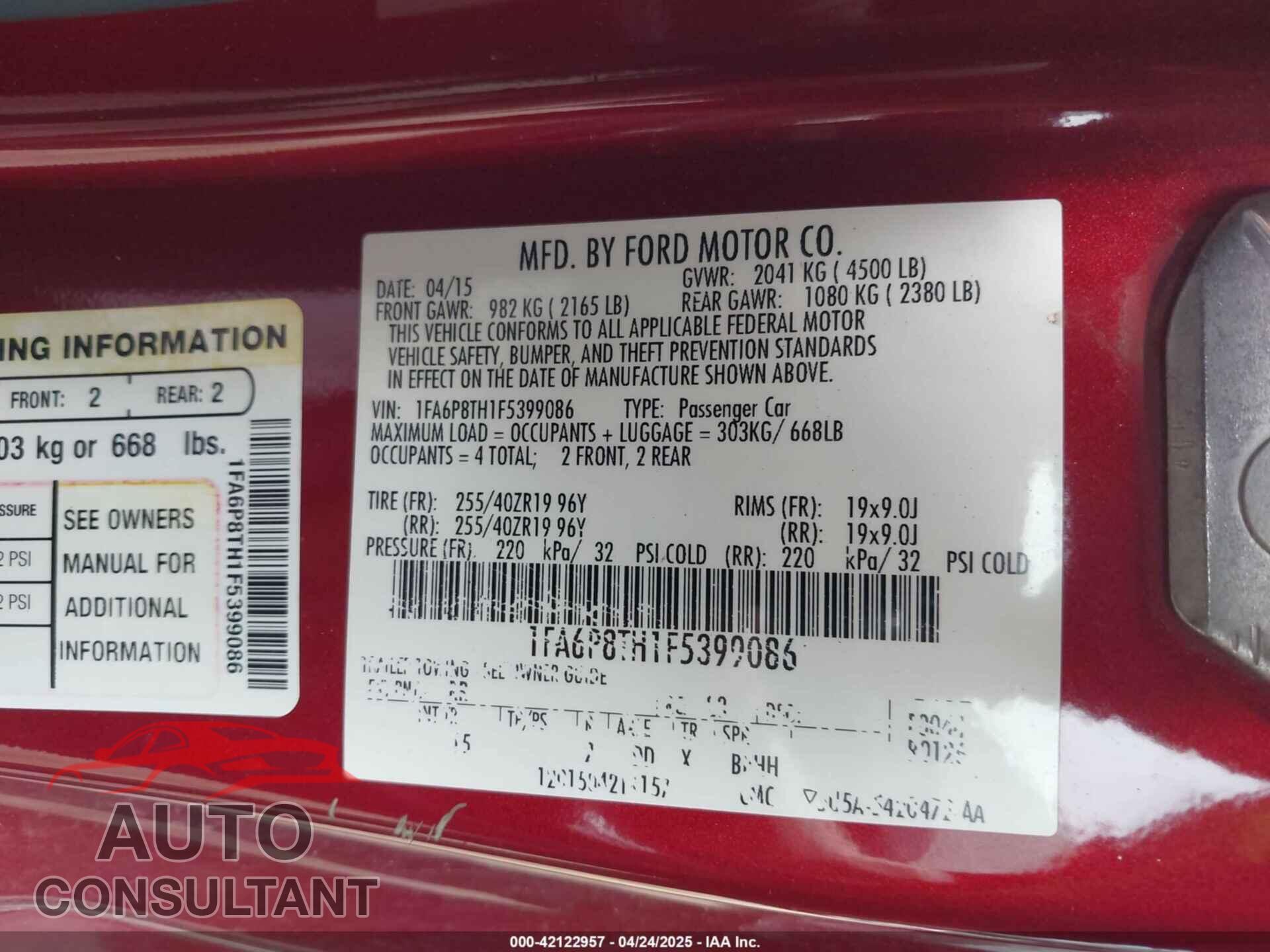 FORD MUSTANG 2015 - 1FA6P8TH1F5399086