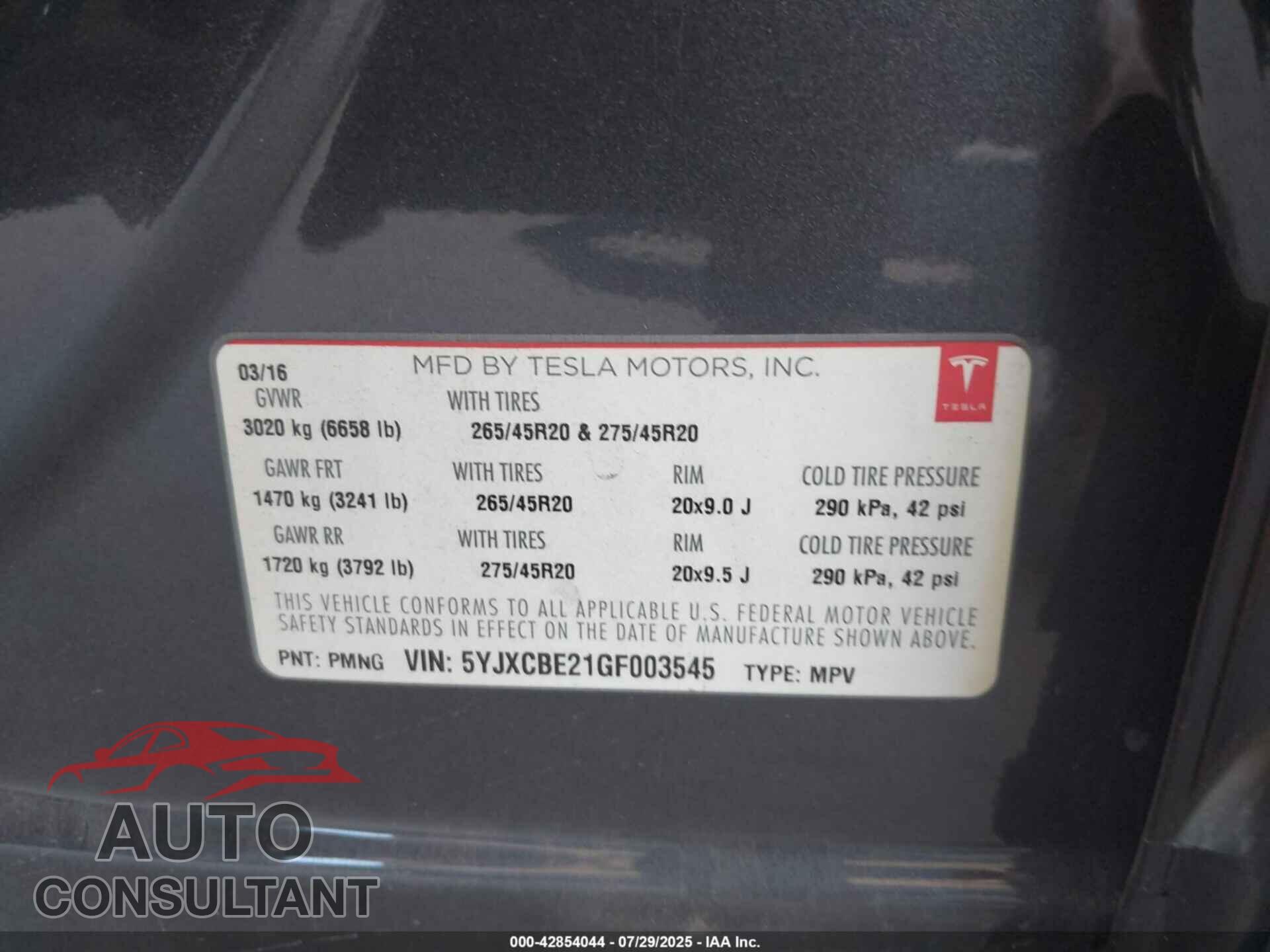 TESLA MODEL X 2016 - 5YJXCBE21GF003545