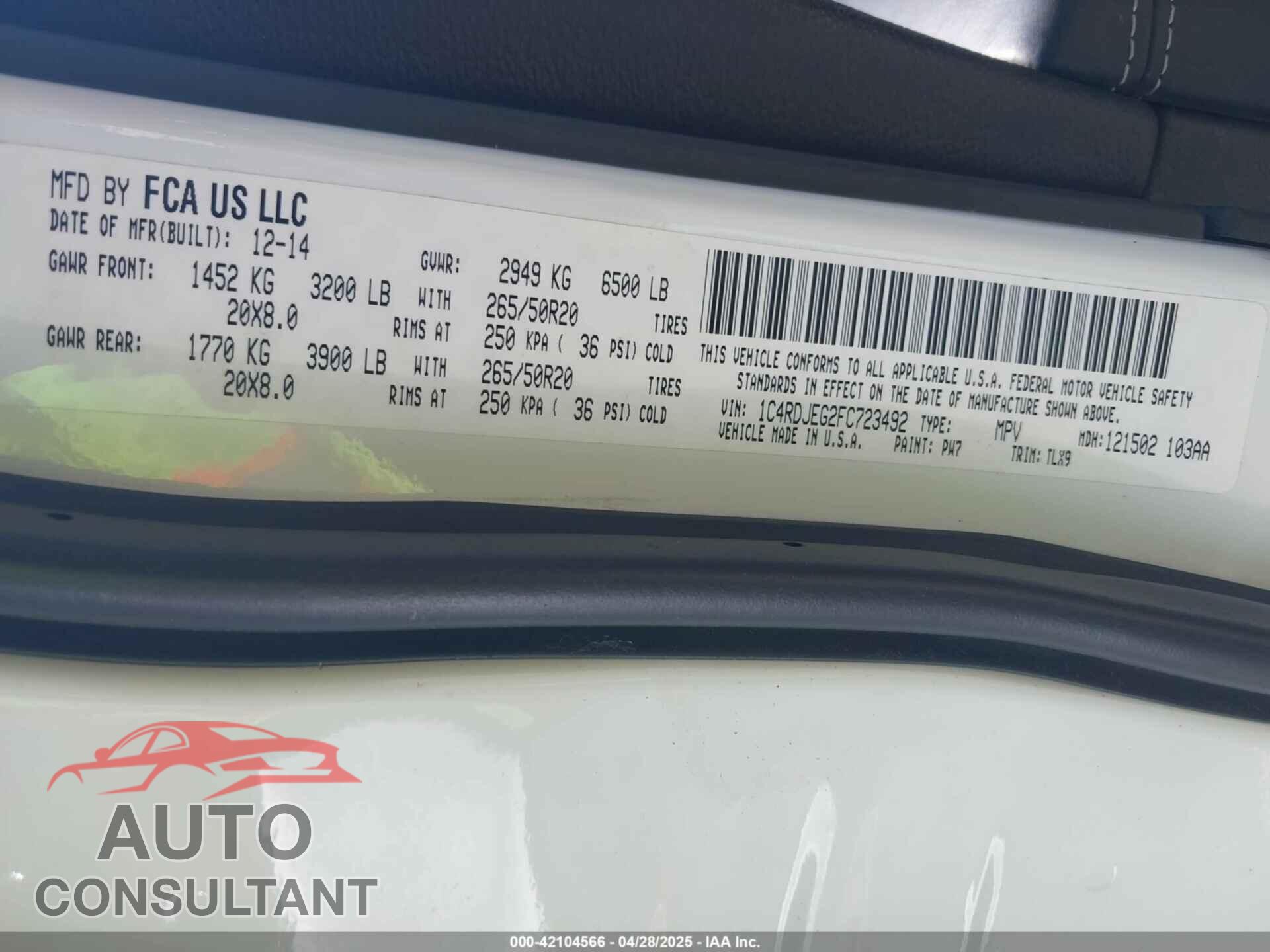 DODGE DURANGO 2015 - 1C4RDJEG2FC723492