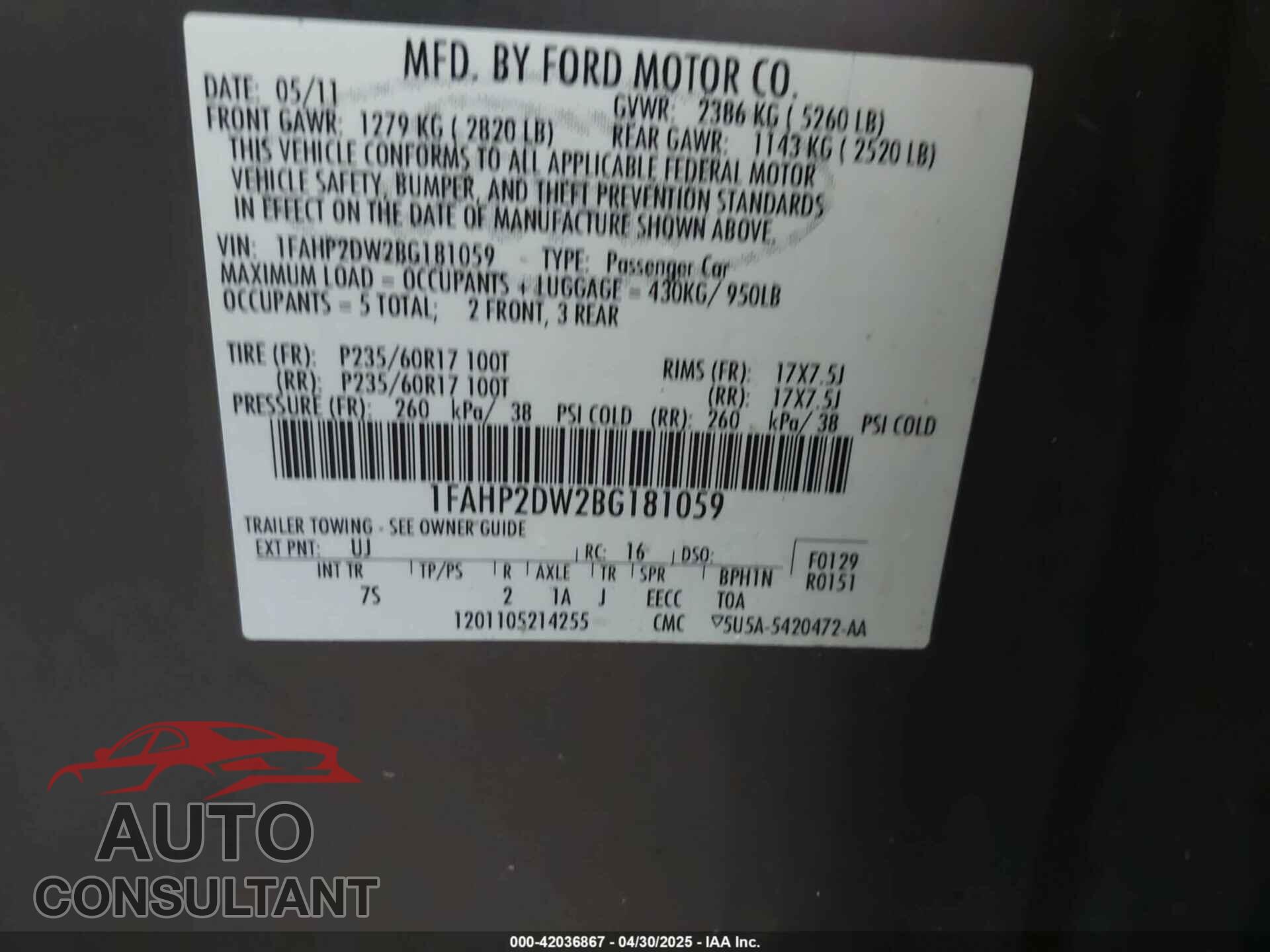 FORD TAURUS 2011 - 1FAHP2DW2BG181059