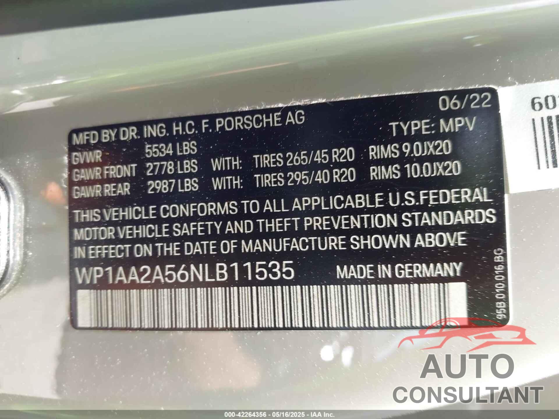 PORSCHE MACAN 2022 - WP1AA2A56NLB11535
