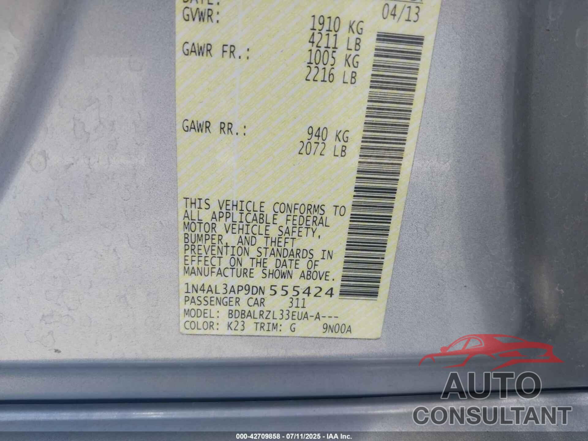 NISSAN ALTIMA 2013 - 1N4AL3AP9DN555424