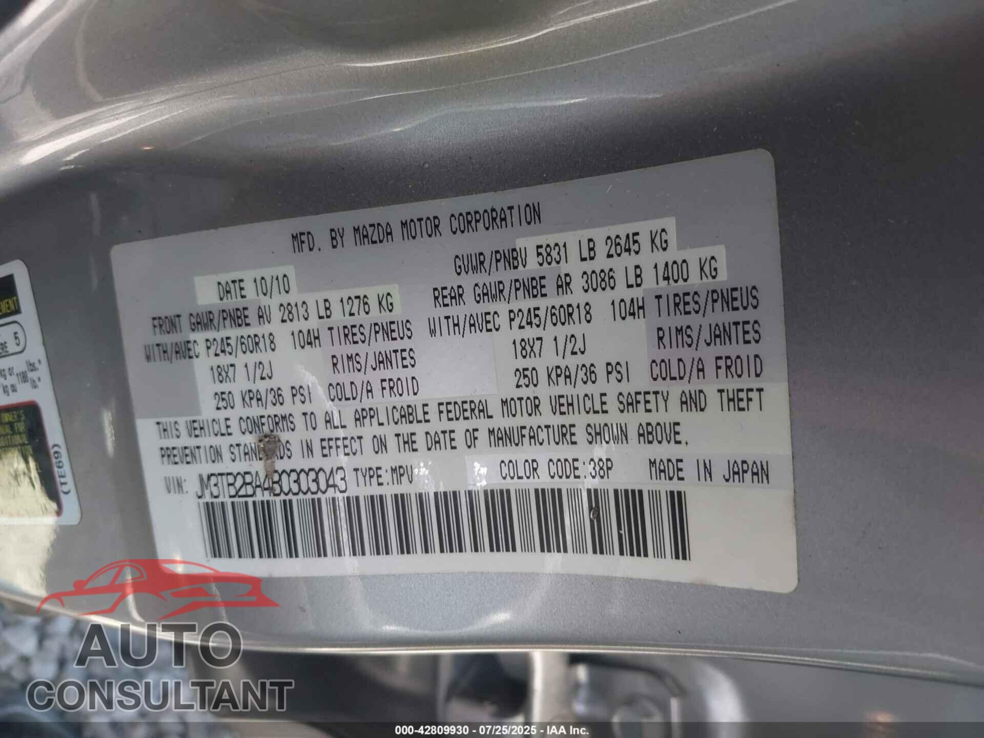 MAZDA CX-9 2011 - JM3TB2BA4B0303043