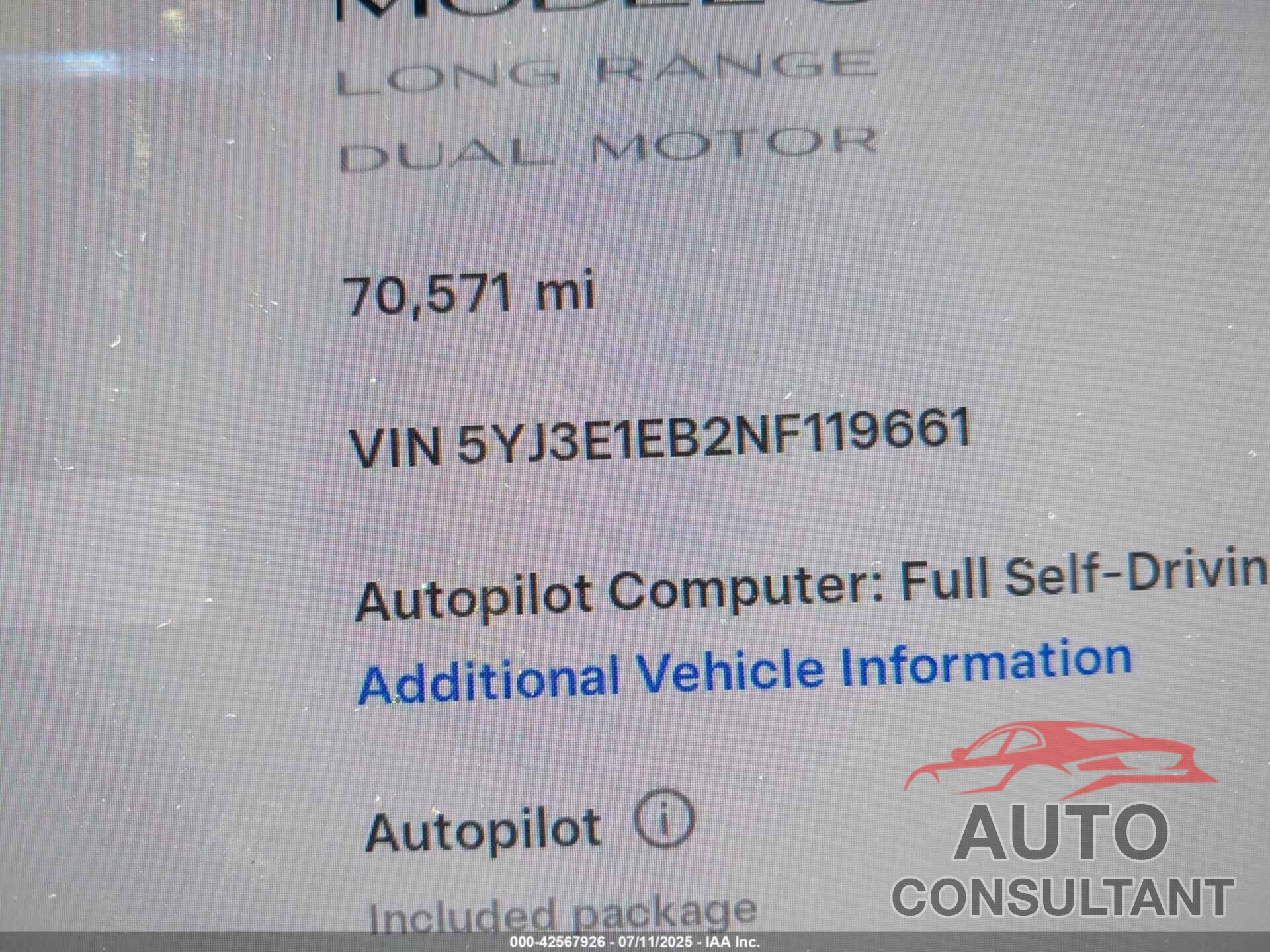 TESLA MODEL 3 2022 - 5YJ3E1EB2NF119661