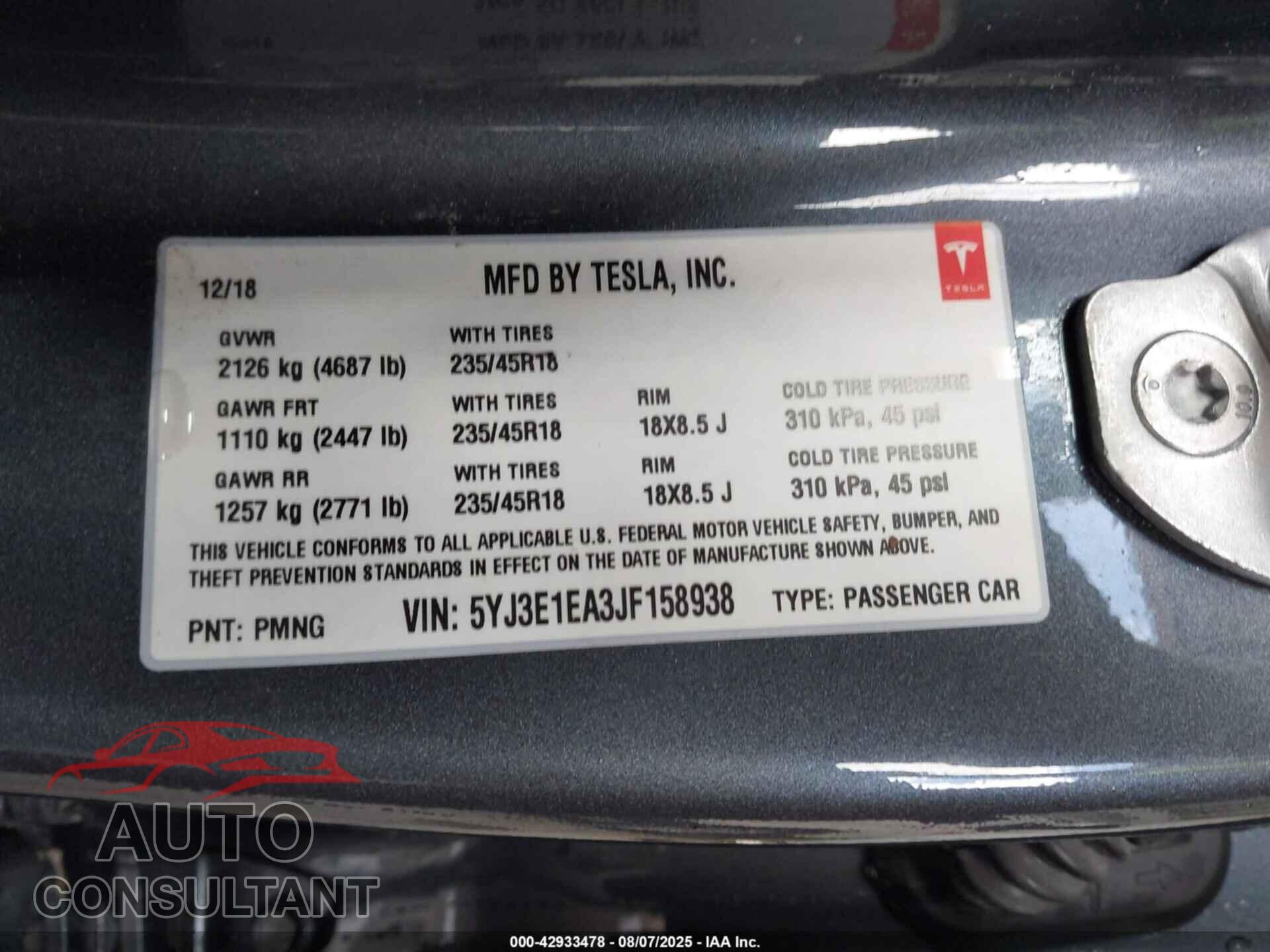 TESLA MODEL 3 2018 - 5YJ3E1EA3JF158938
