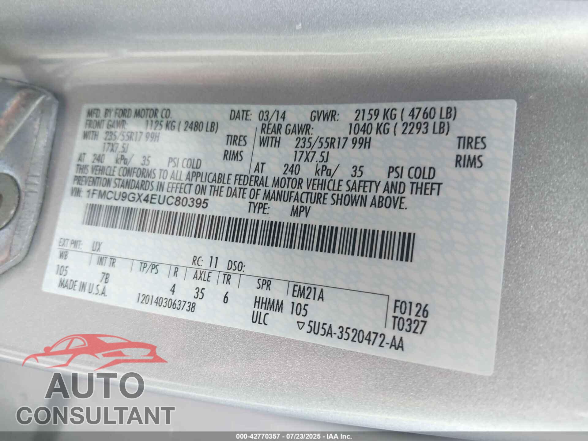 FORD ESCAPE 2014 - 1FMCU9GX4EUC80395