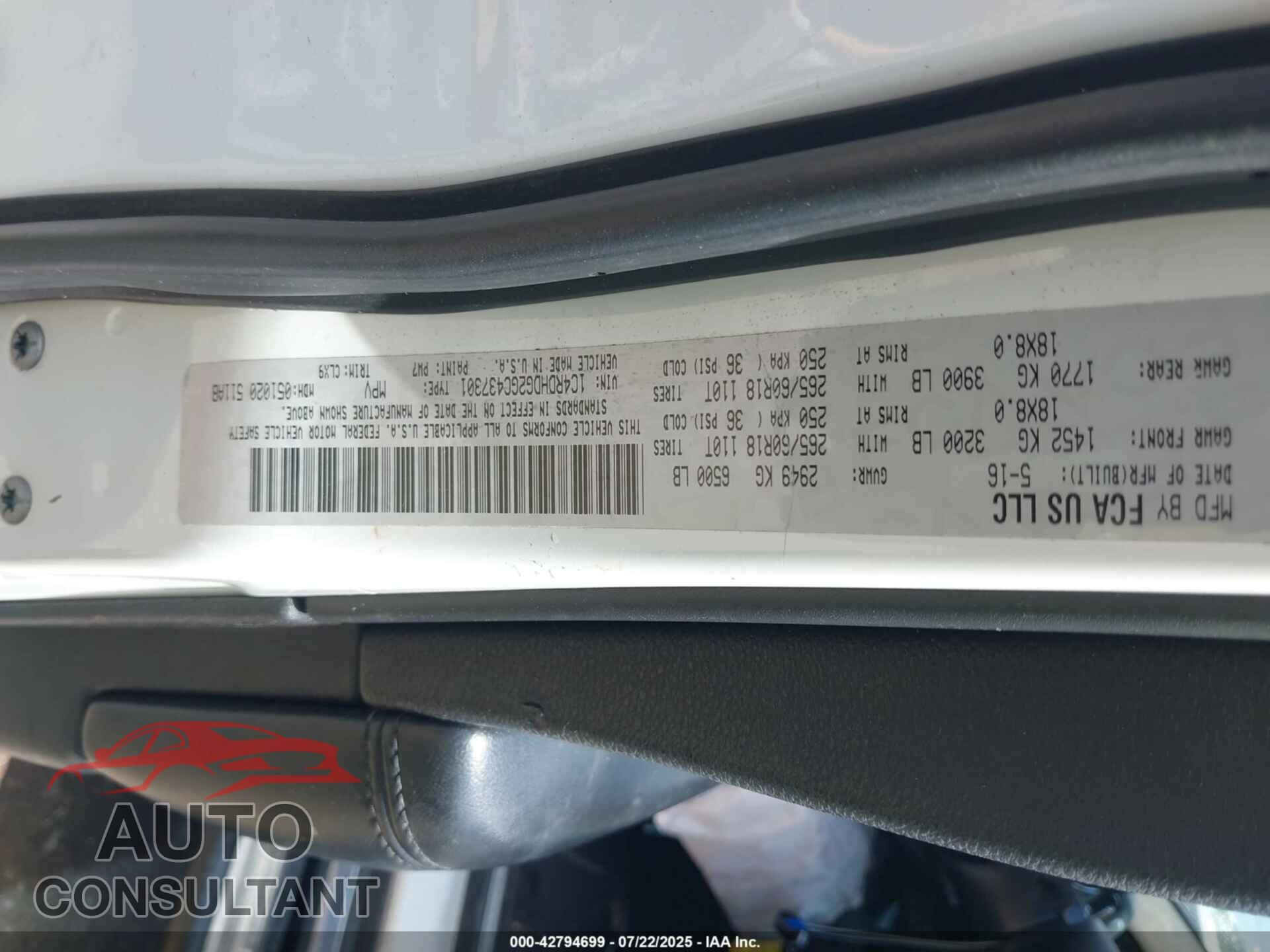 DODGE DURANGO 2016 - 1C4RDHDG2GC437301