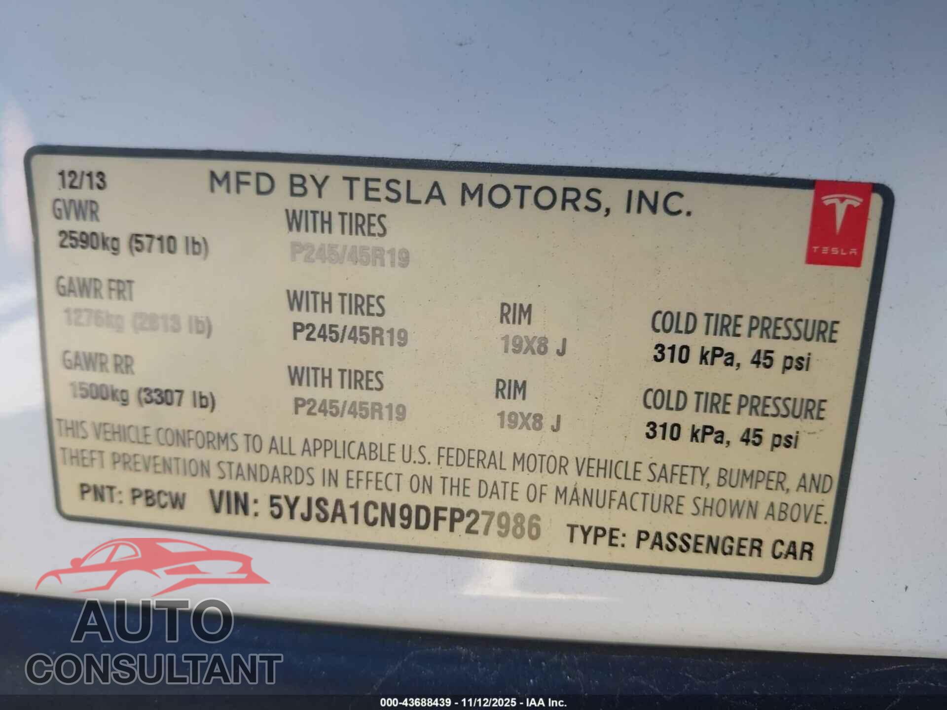 TESLA MODEL S 2013 - 5YJSA1CN9DFP27986
