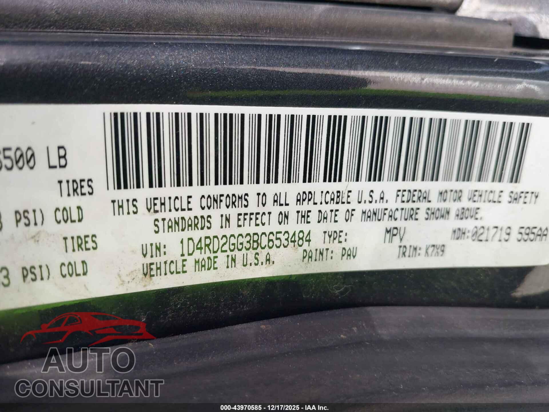 DODGE DURANGO 2011 - 1D4RD2GG3BC653484