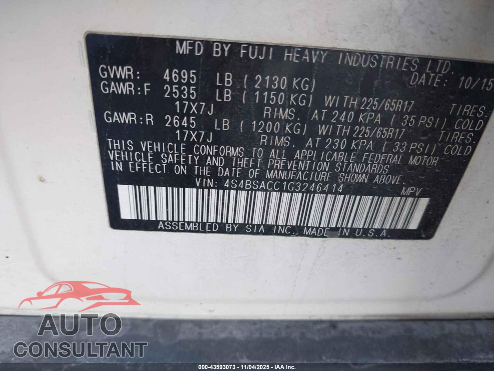 SUBARU OUTBACK 2016 - 4S4BSACC1G3246414