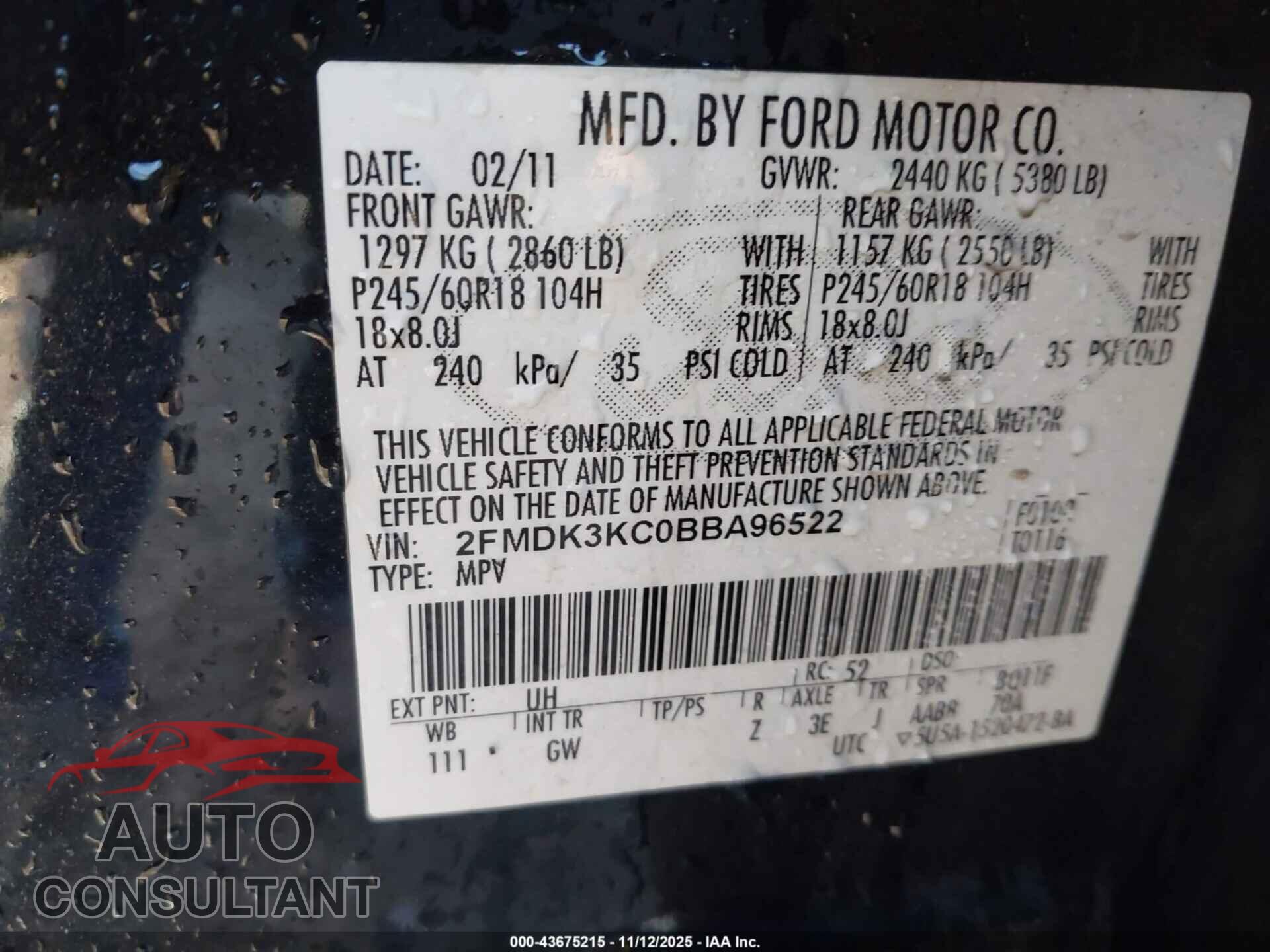 FORD EDGE 2011 - 2FMDK3KC0BBA96522