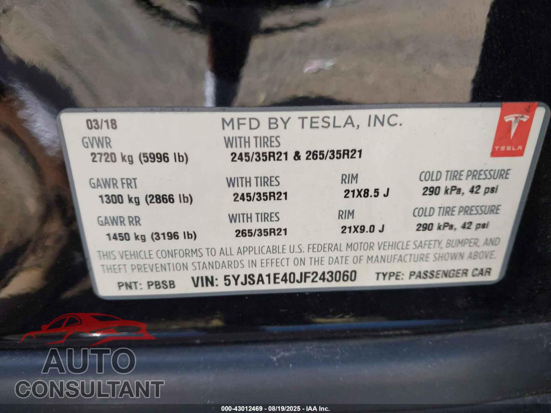 TESLA MODEL S 2018 - 5YJSA1E40JF243060