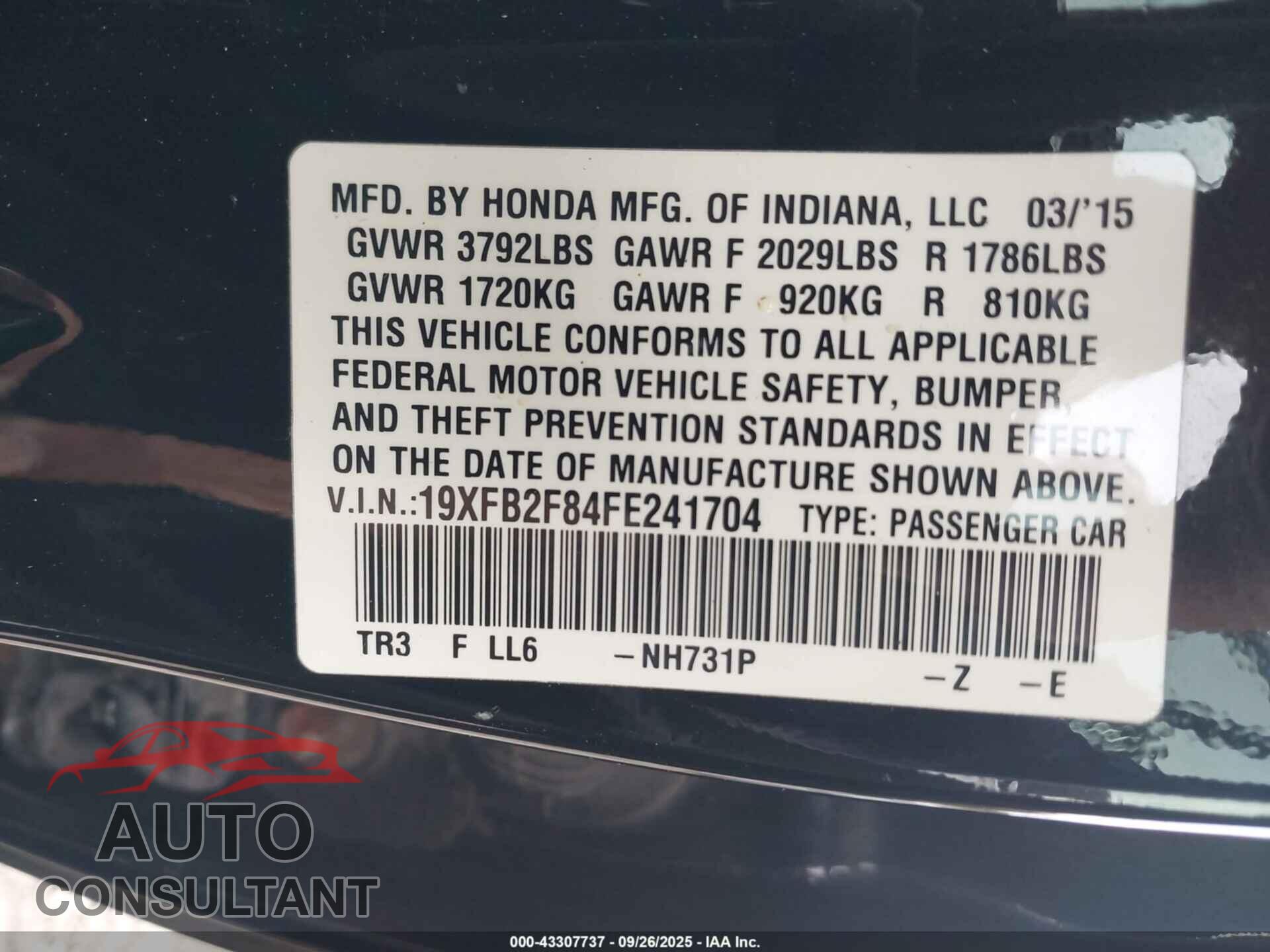 HONDA CIVIC 2015 - 19XFB2F84FE241704